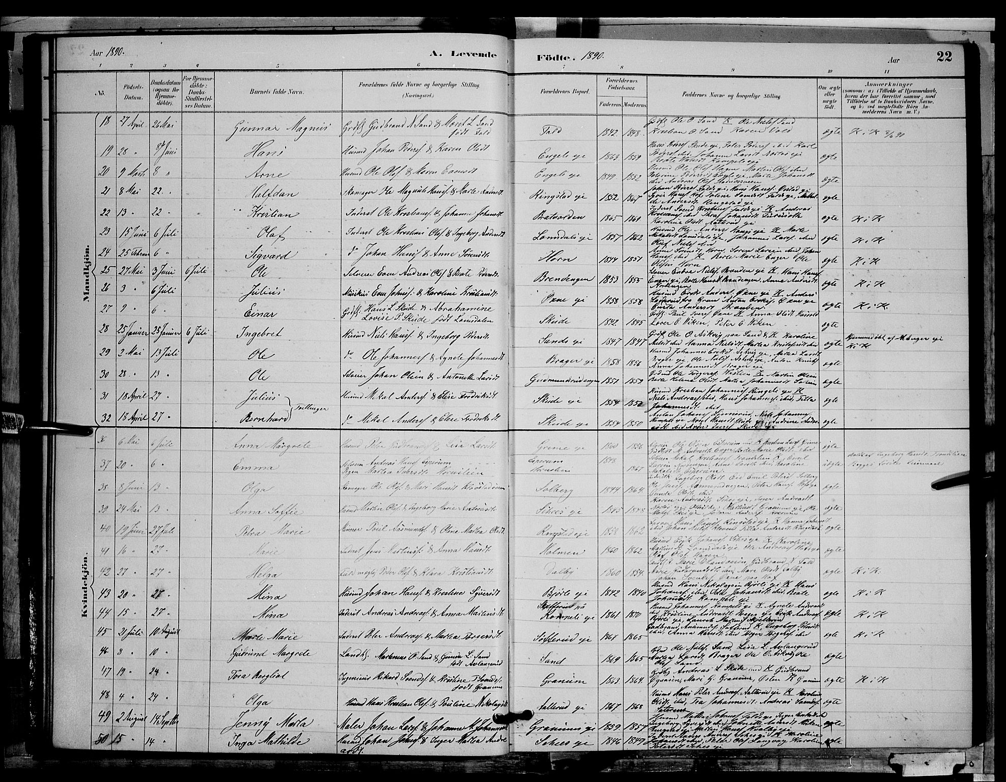 Søndre Land prestekontor, AV/SAH-PREST-122/L/L0002: Parish register (copy) no. 2, 1884-1900, p. 22