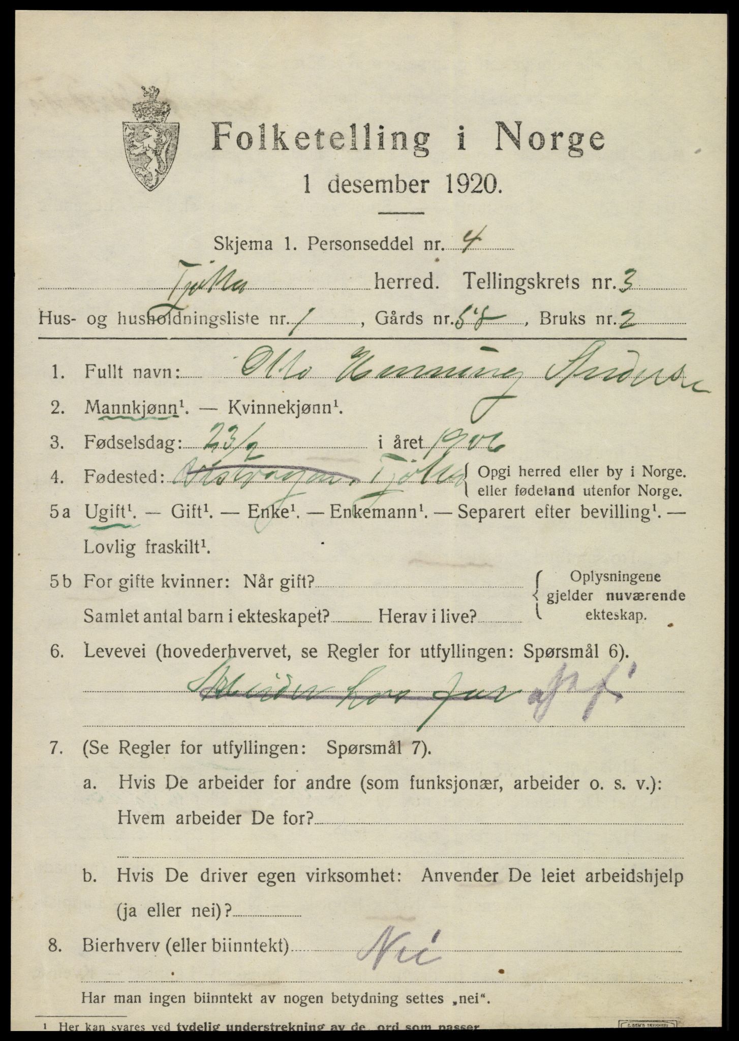 SAT, 1920 census for Tjøtta, 1920, p. 1429