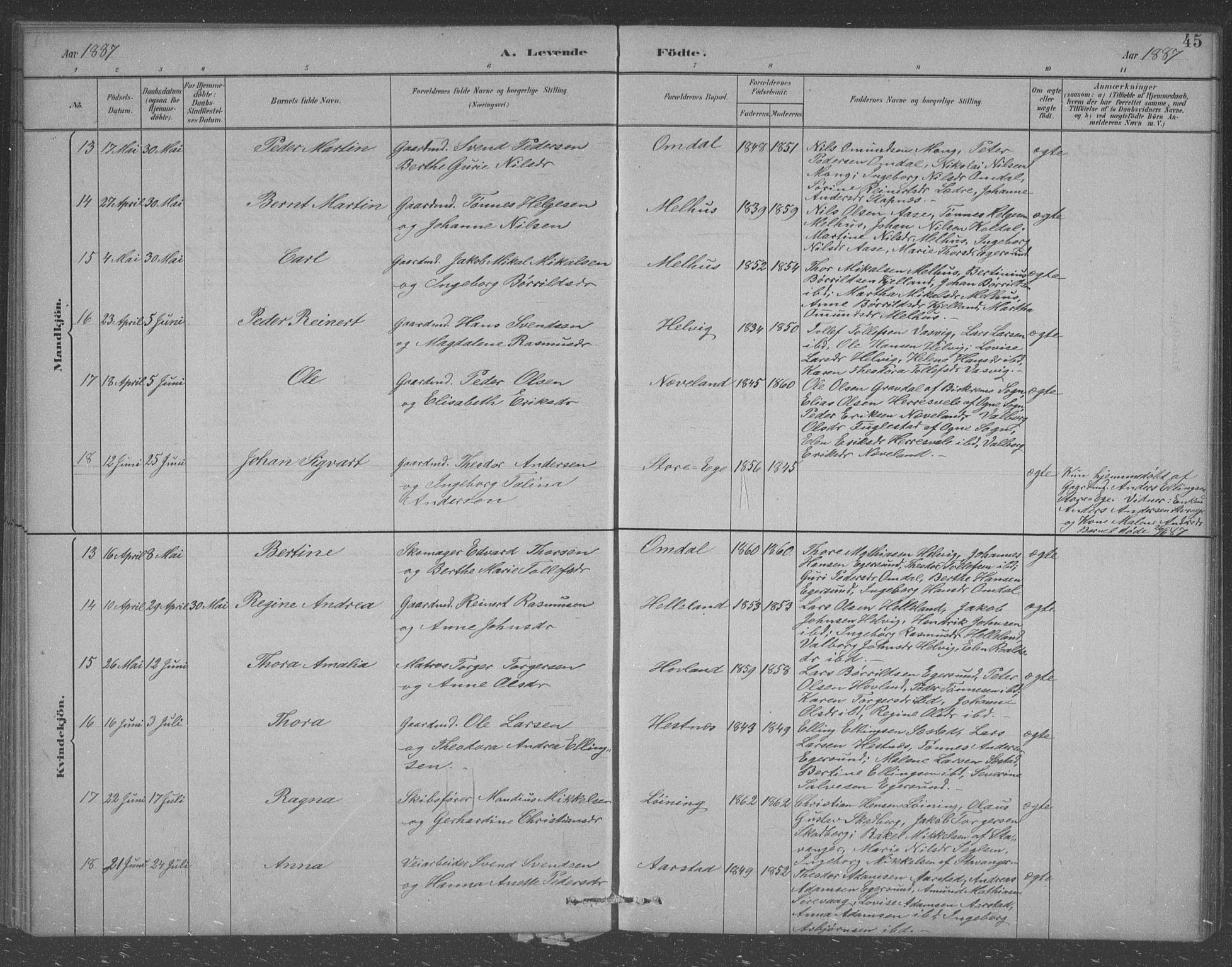 Eigersund sokneprestkontor, AV/SAST-A-101807/S09/L0007: Parish register (copy) no. B 7, 1882-1892, p. 45