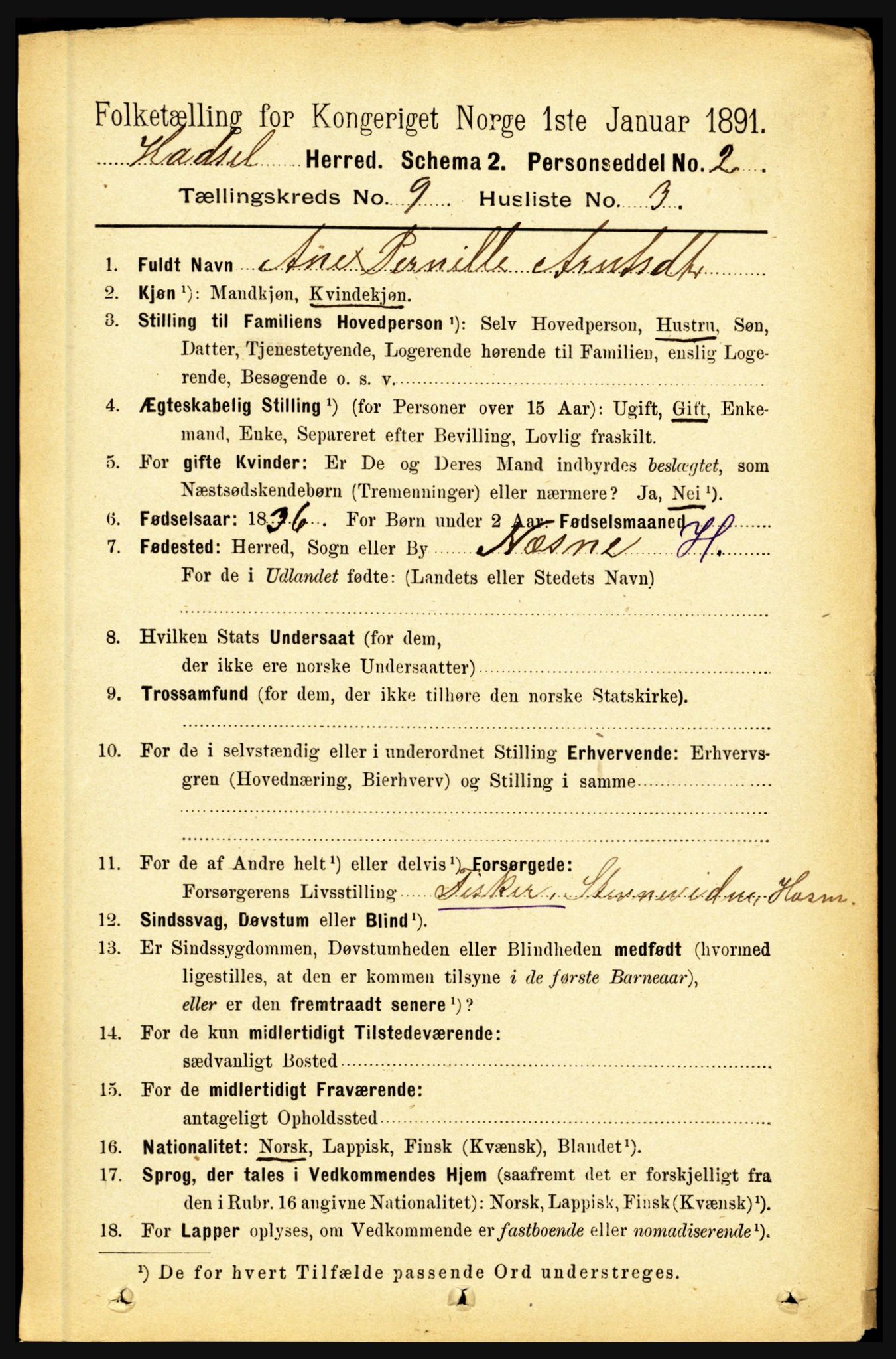 RA, 1891 census for 1866 Hadsel, 1891, p. 3928
