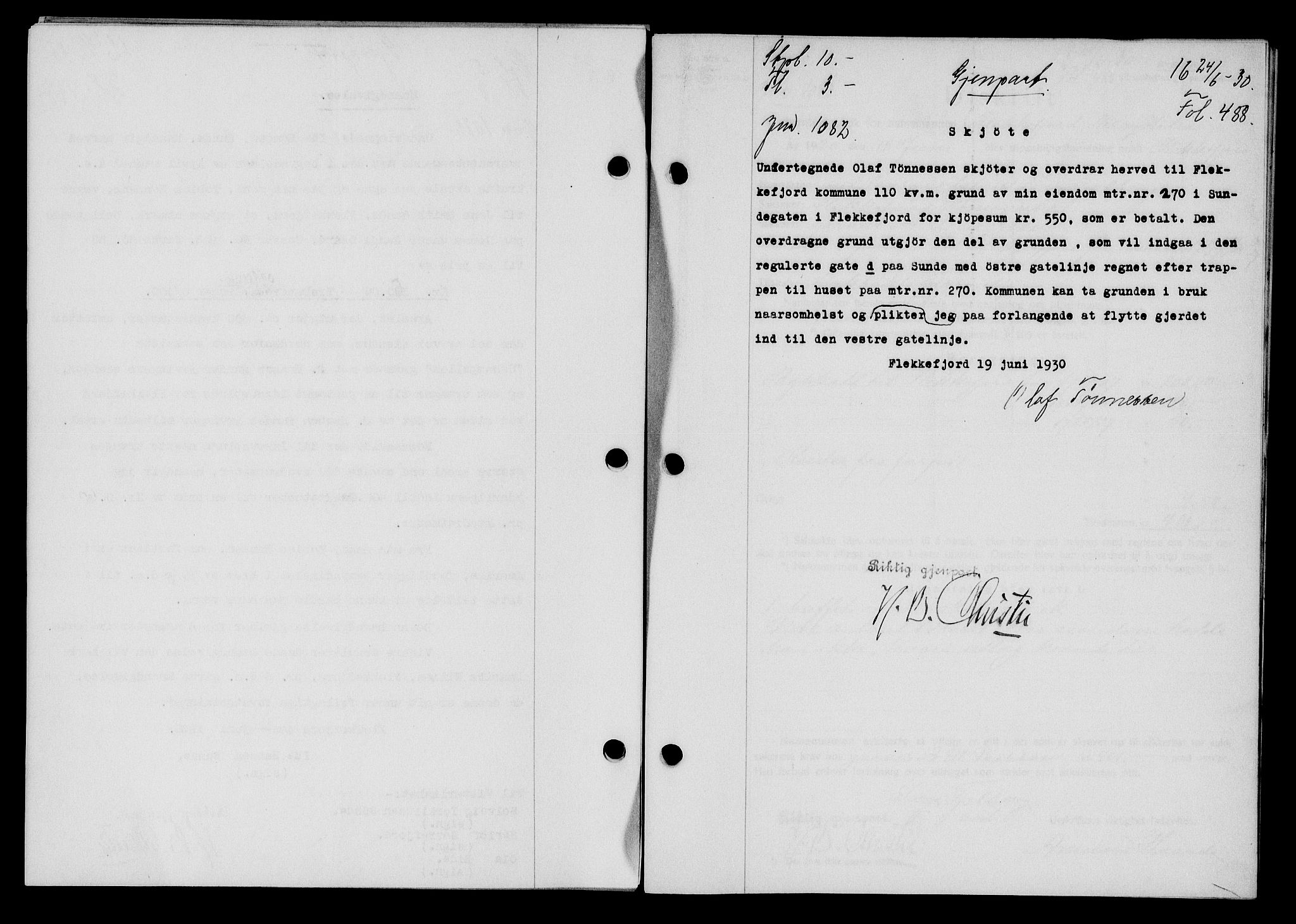 Flekkefjord sorenskriveri, SAK/1221-0001/G/Gb/Gba/L0045: Mortgage book no. 43, 1929-1930, Deed date: 24.06.1930