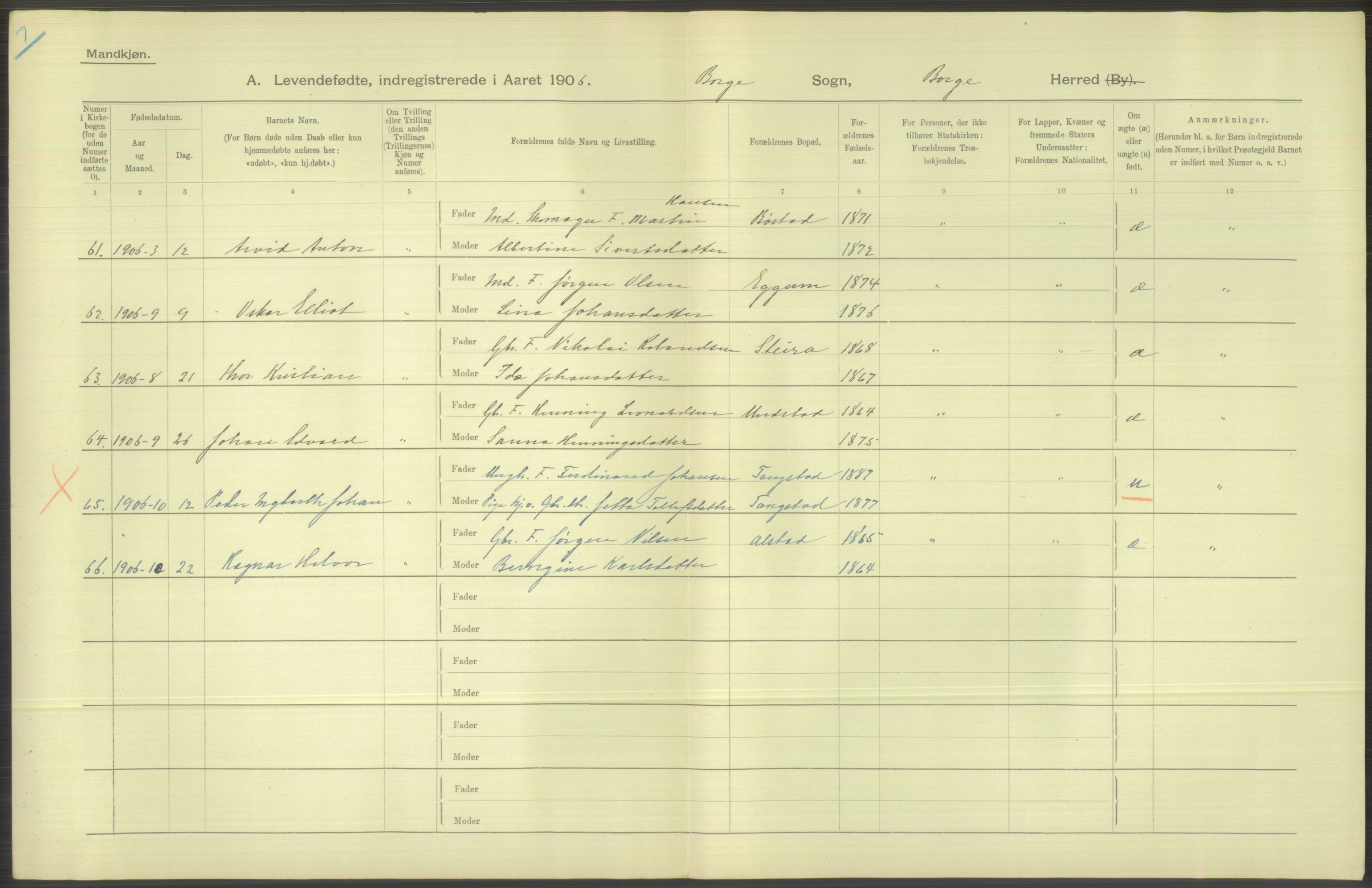 Statistisk sentralbyrå, Sosiodemografiske emner, Befolkning, AV/RA-S-2228/D/Df/Dfa/Dfad/L0044: Nordlands amt: Levendefødte menn og kvinner. Bygder., 1906, p. 162