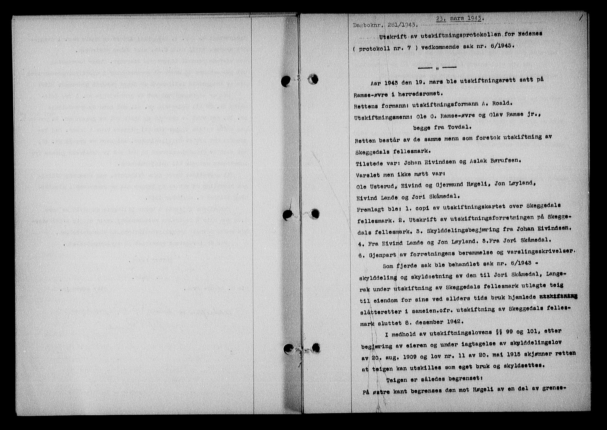 Nedenes sorenskriveri, SAK/1221-0006/G/Gb/Gba/L0050: Mortgage book no. A-IV, 1942-1943, Diary no: : 281/1943