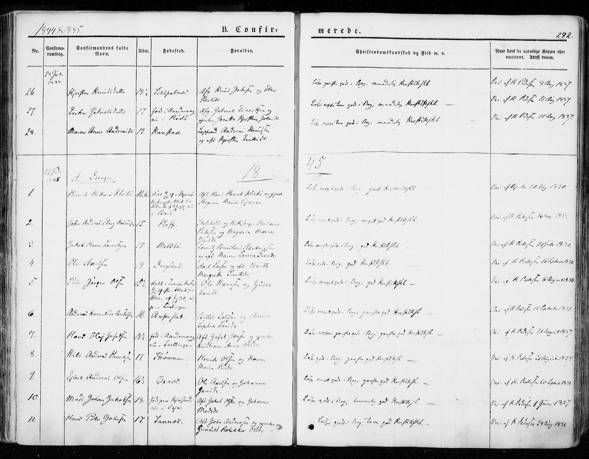 Ministerialprotokoller, klokkerbøker og fødselsregistre - Nordland, SAT/A-1459/872/L1033: Parish register (official) no. 872A08, 1840-1863, p. 292
