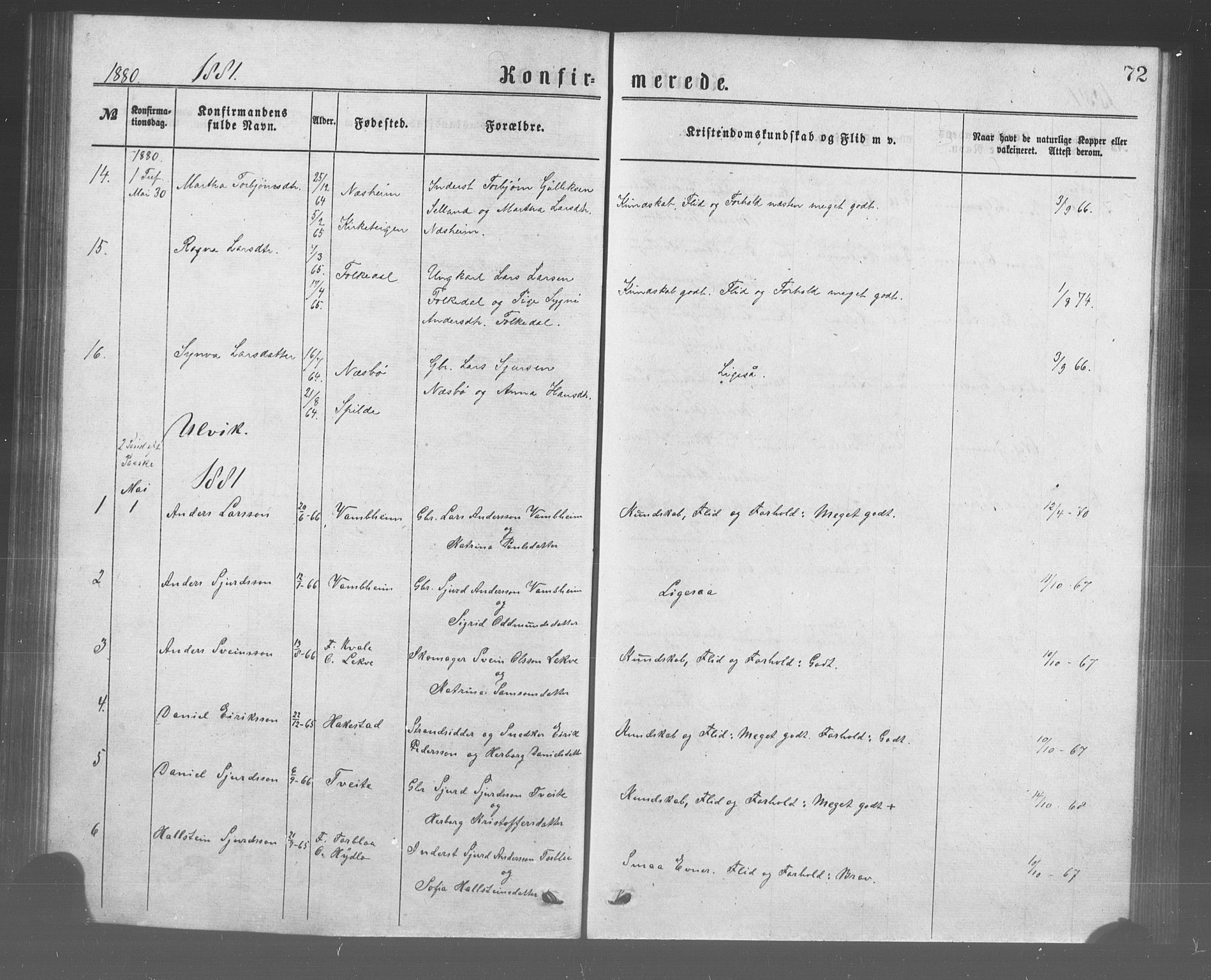 Ulvik sokneprestembete, SAB/A-78801/H/Haa: Parish register (official) no. A 17, 1873-1891, p. 72