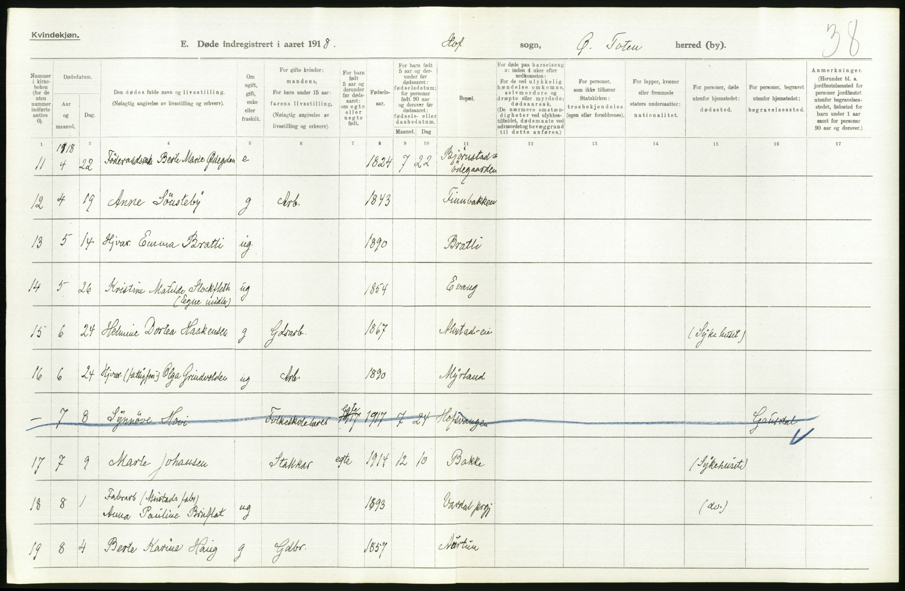 Statistisk sentralbyrå, Sosiodemografiske emner, Befolkning, RA/S-2228/D/Df/Dfb/Dfbh/L0017: Oppland fylke: Døde. Bygder og byer., 1918, p. 206