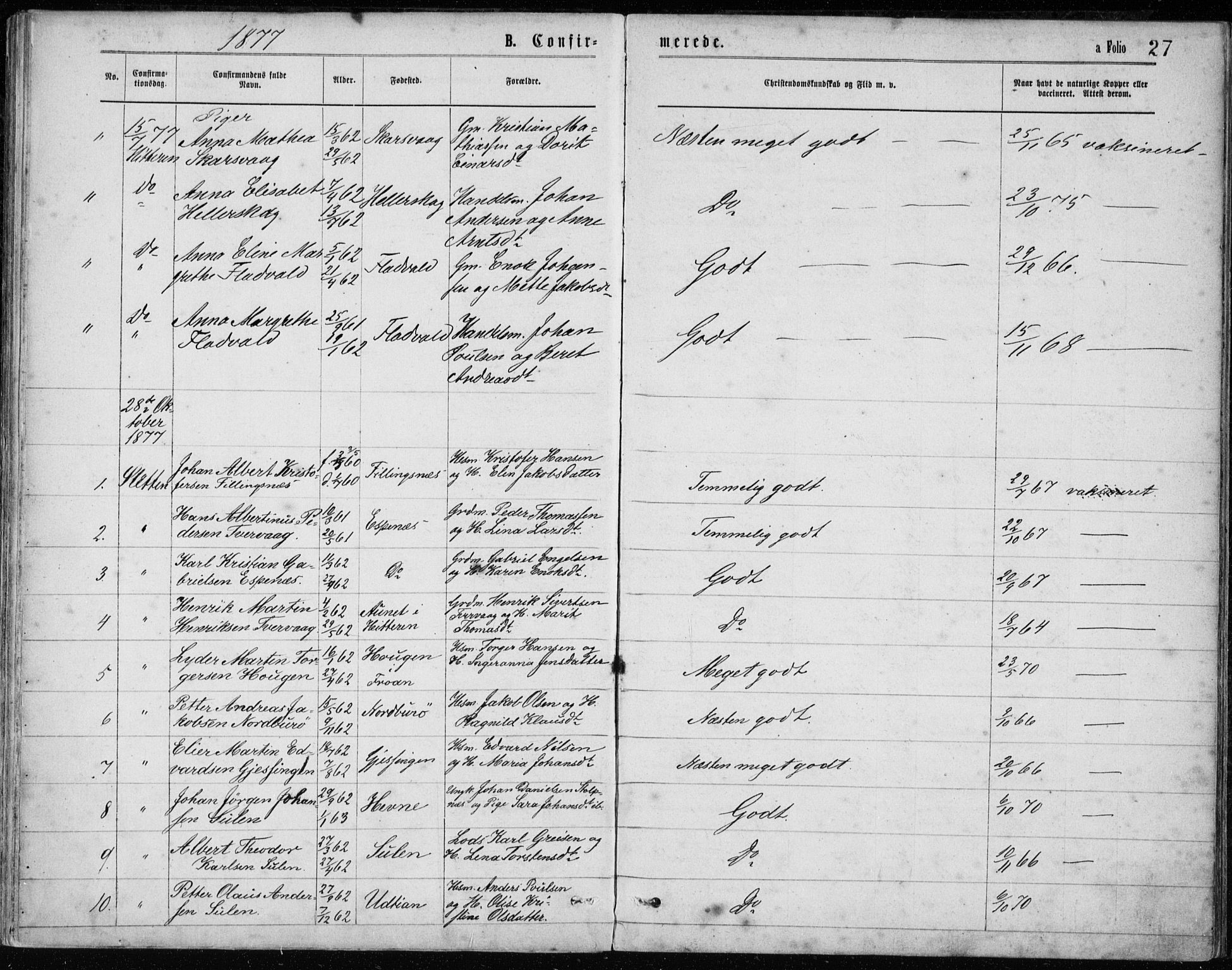 Ministerialprotokoller, klokkerbøker og fødselsregistre - Sør-Trøndelag, SAT/A-1456/640/L0577: Parish register (official) no. 640A02, 1877-1878, p. 27