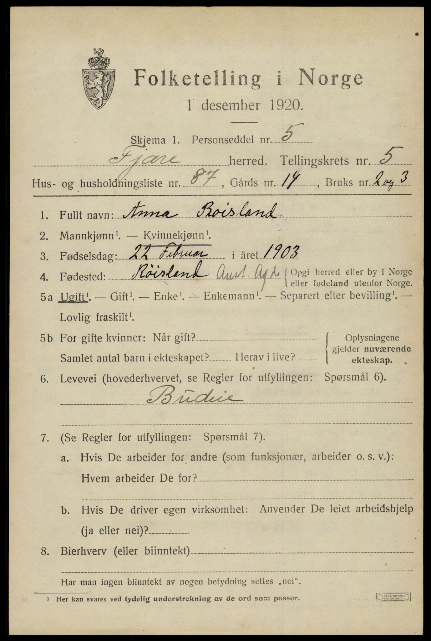 SAK, 1920 census for Fjære, 1920, p. 8205