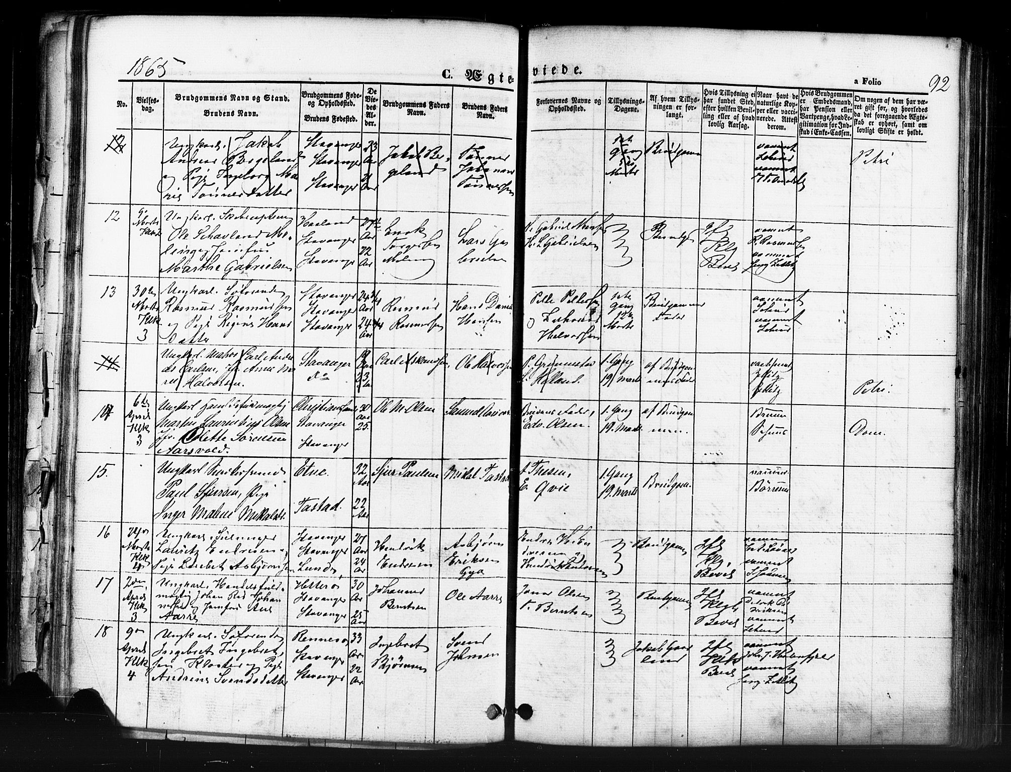 Domkirken sokneprestkontor, AV/SAST-A-101812/001/30/30BB/L0011: Parish register (copy) no. B 11, 1858-1876, p. 92