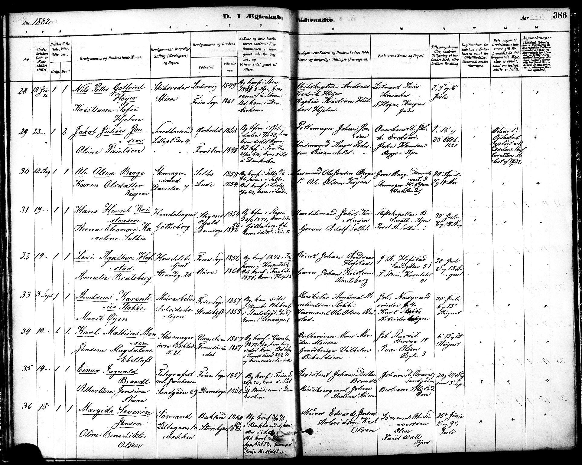 Ministerialprotokoller, klokkerbøker og fødselsregistre - Sør-Trøndelag, SAT/A-1456/601/L0058: Parish register (official) no. 601A26, 1877-1891, p. 386