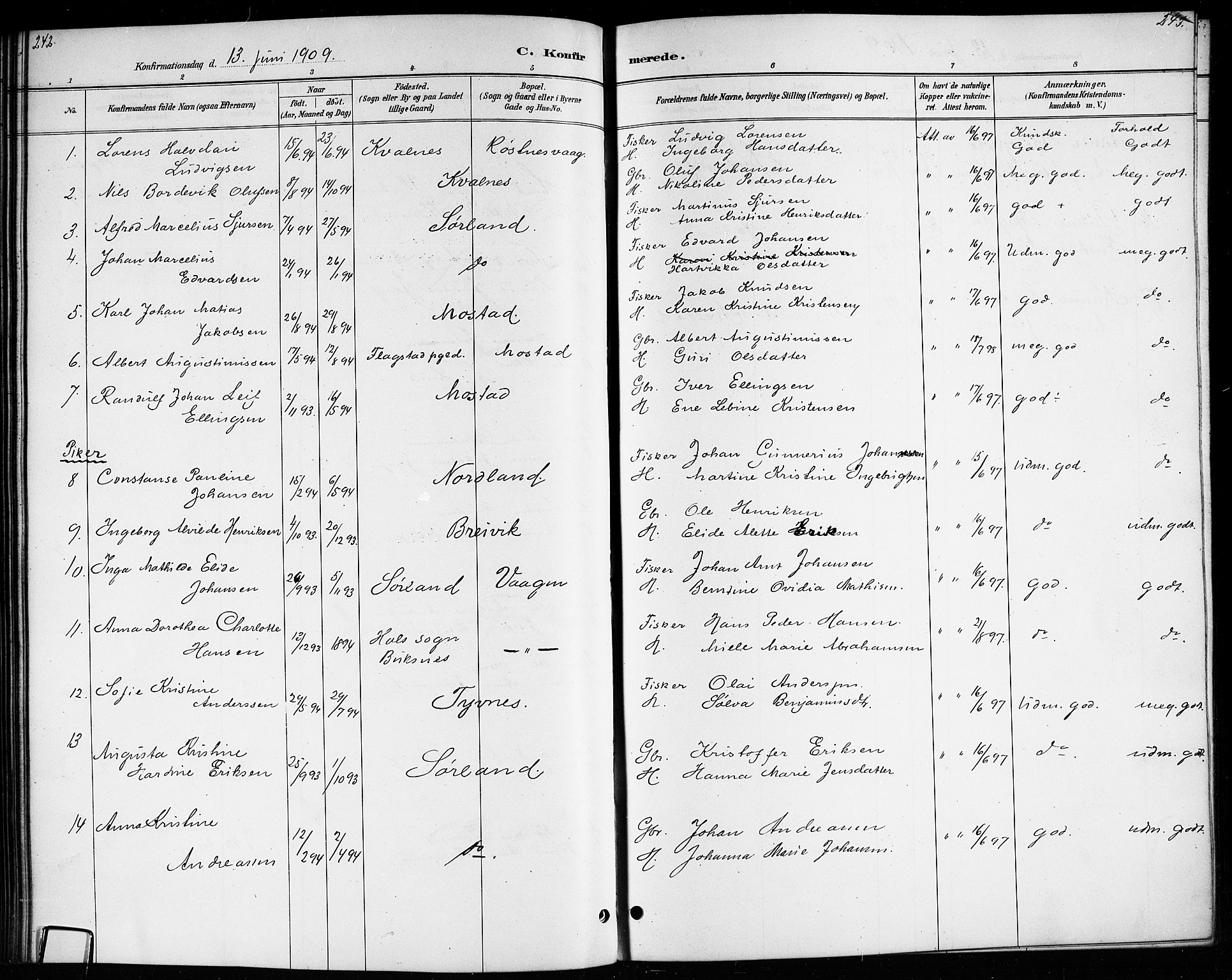 Ministerialprotokoller, klokkerbøker og fødselsregistre - Nordland, AV/SAT-A-1459/807/L0123: Parish register (copy) no. 807C01, 1884-1910, p. 242-243