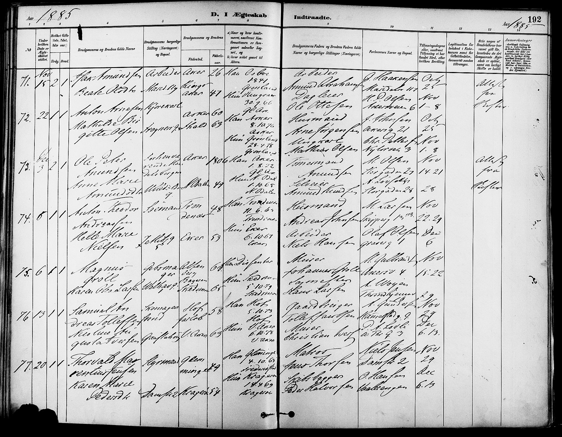 Gamle Aker prestekontor Kirkebøker, SAO/A-10617a/F/L0007: Parish register (official) no. 7, 1882-1890, p. 192