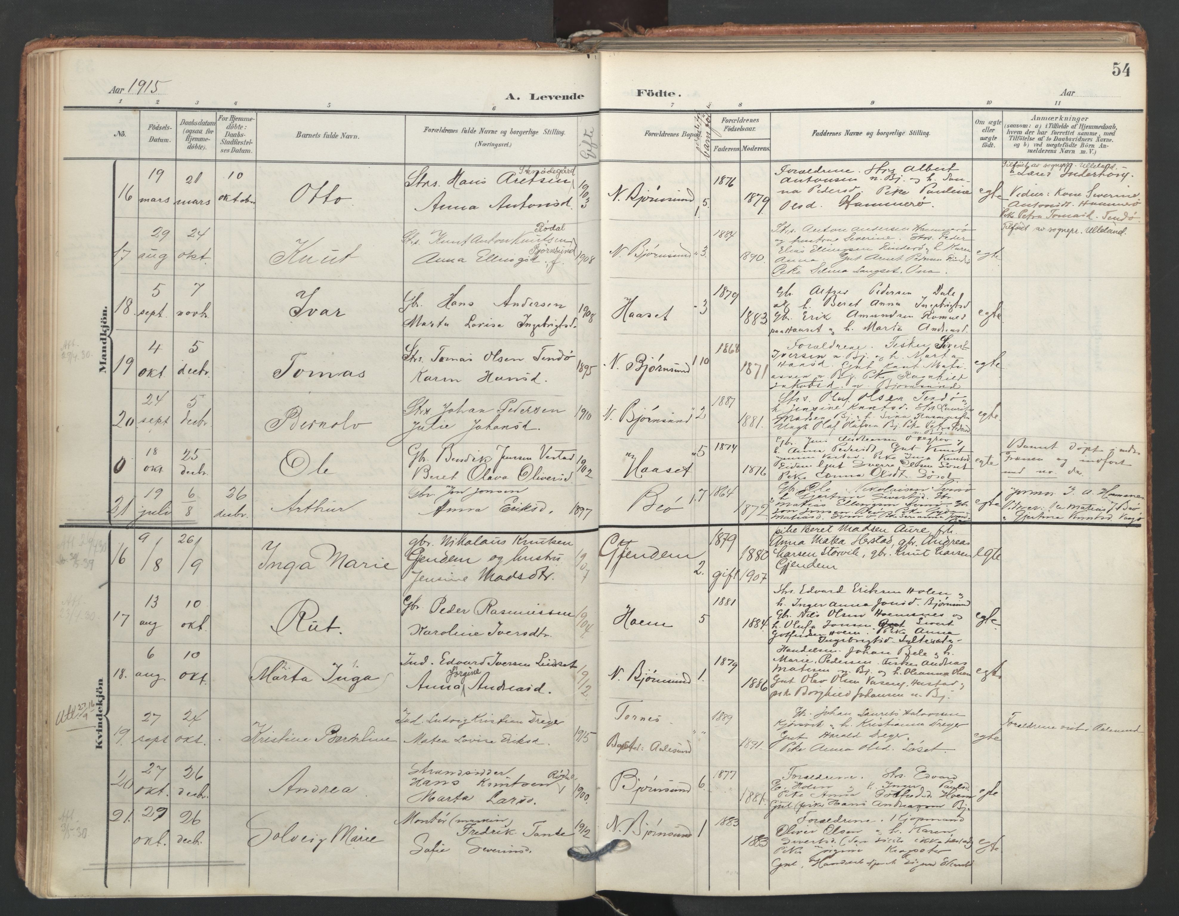 Ministerialprotokoller, klokkerbøker og fødselsregistre - Møre og Romsdal, AV/SAT-A-1454/565/L0751: Parish register (official) no. 565A05, 1905-1979, p. 54