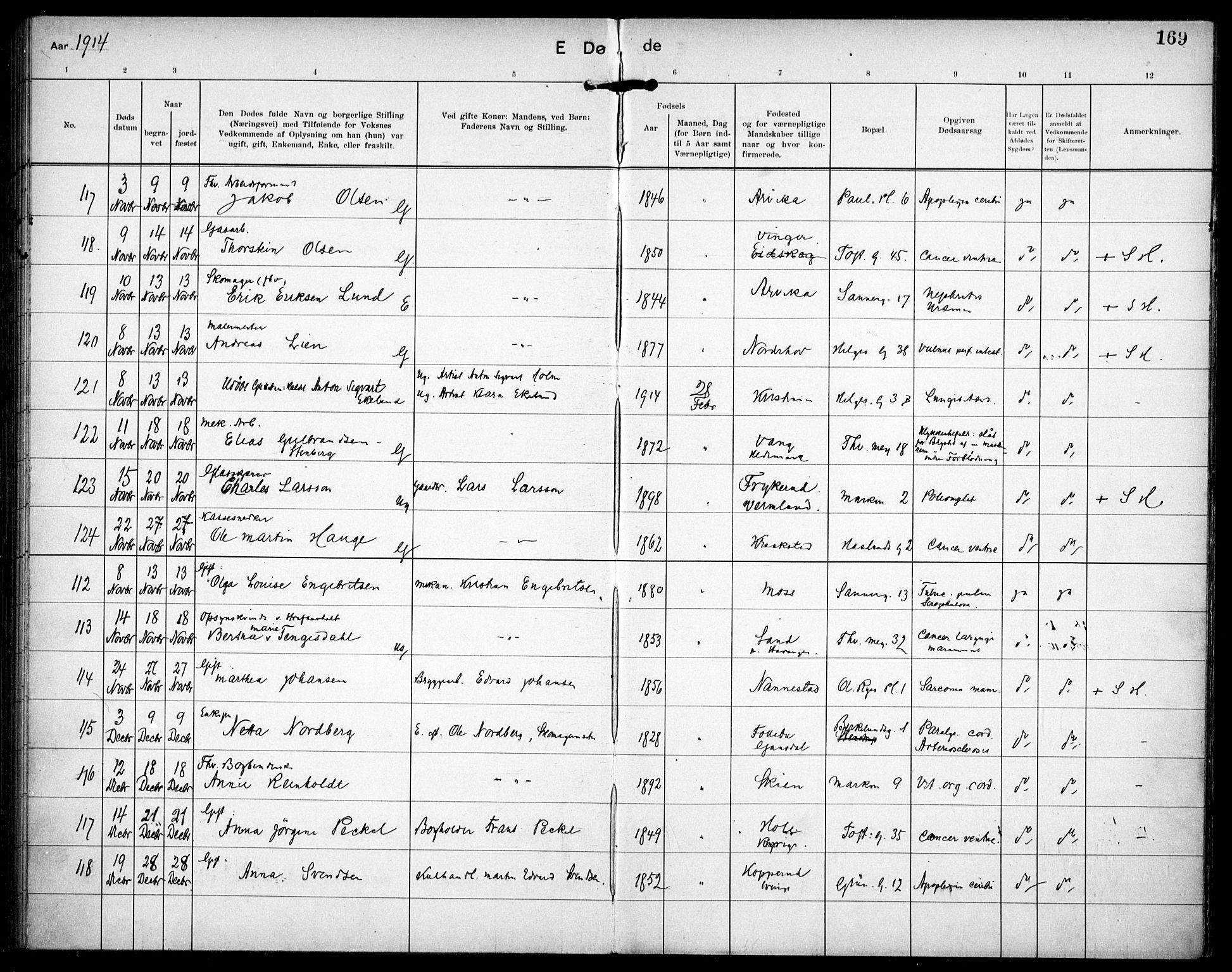 Paulus prestekontor Kirkebøker, SAO/A-10871/F/Fa/L0018: Parish register (official) no. 18, 1906-1915, p. 169