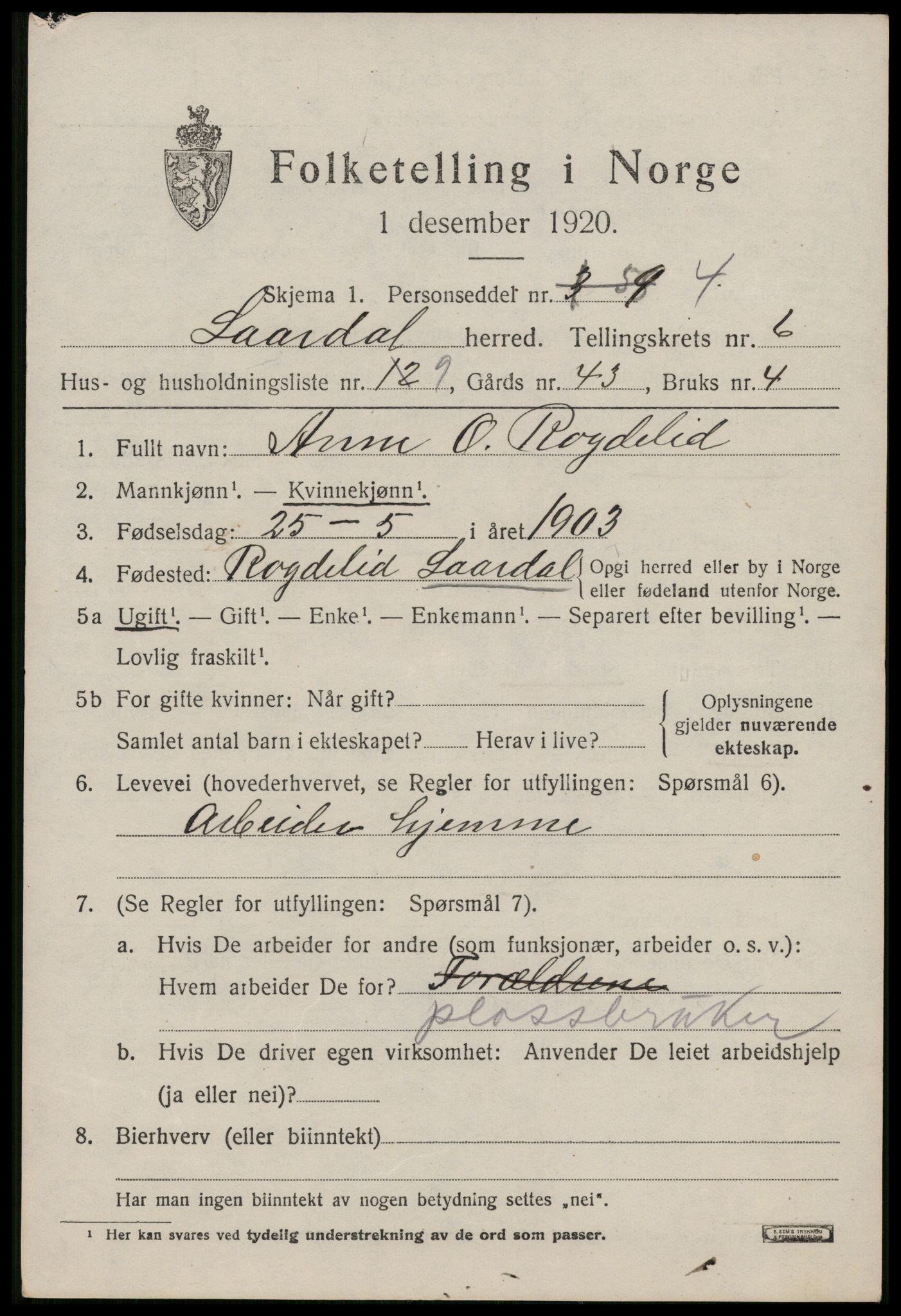 SAKO, 1920 census for Lårdal, 1920, p. 2635