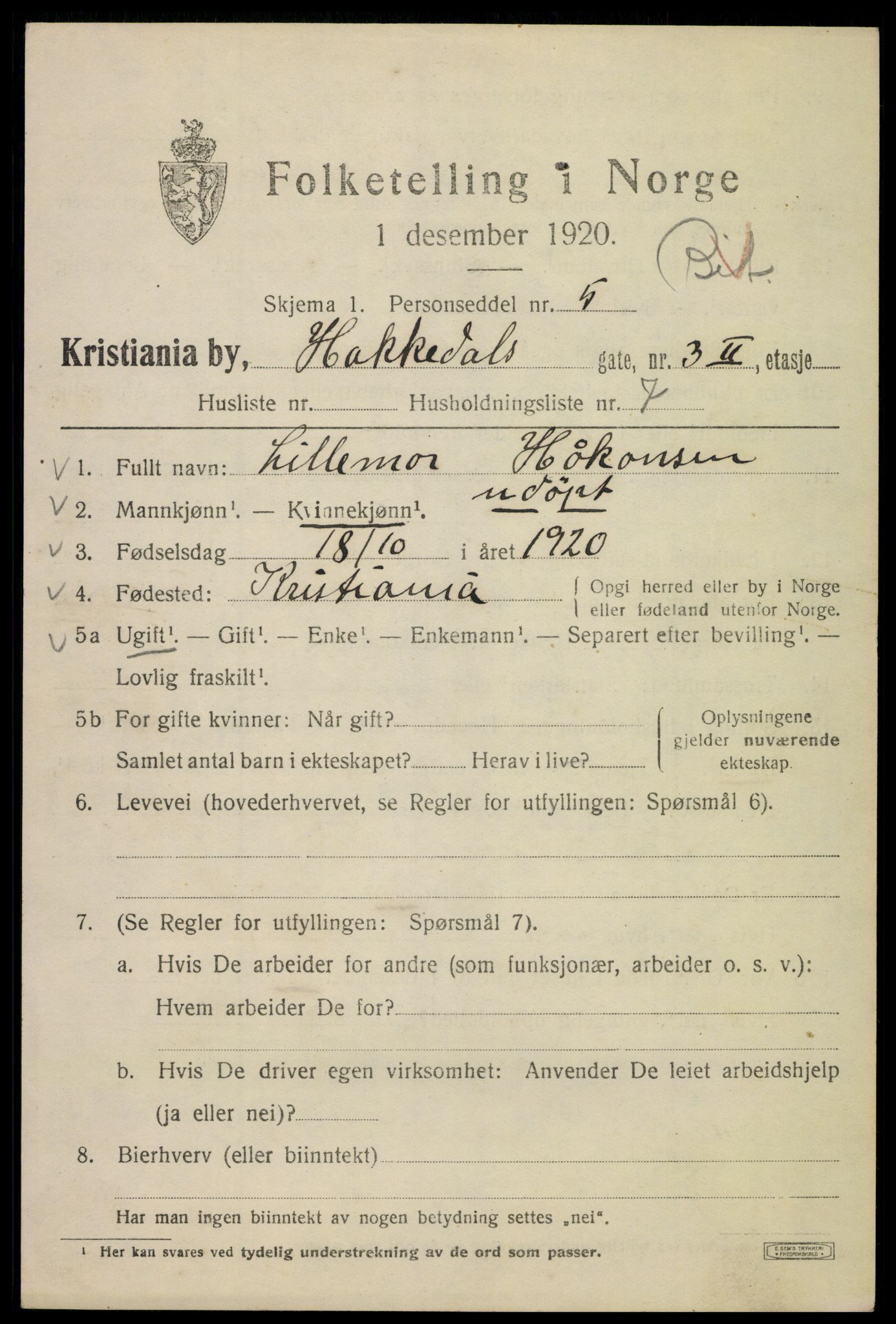 SAO, 1920 census for Kristiania, 1920, p. 267065