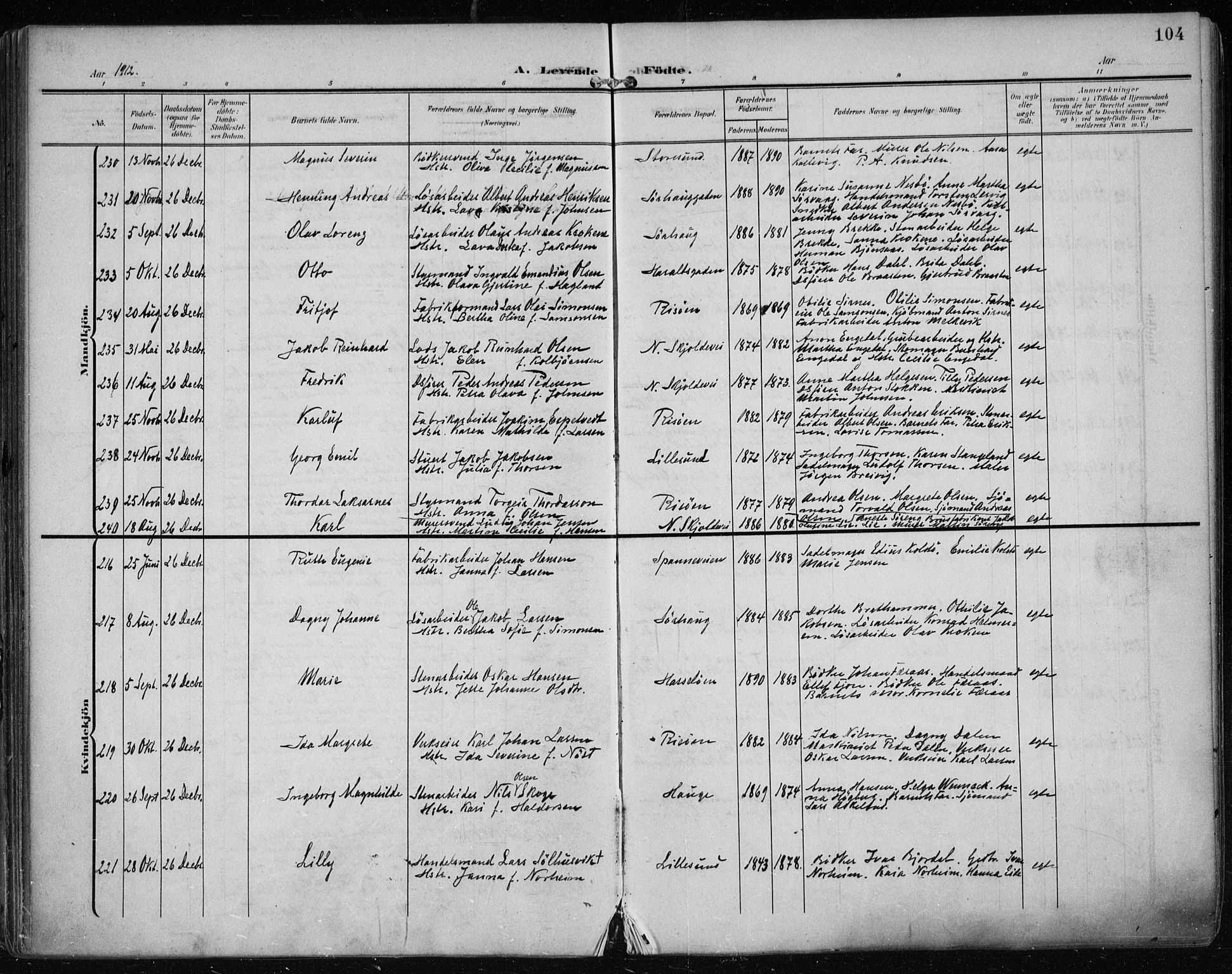 Haugesund sokneprestkontor, AV/SAST-A -101863/H/Ha/Haa/L0008: Parish register (official) no. A 8, 1908-1921, p. 104