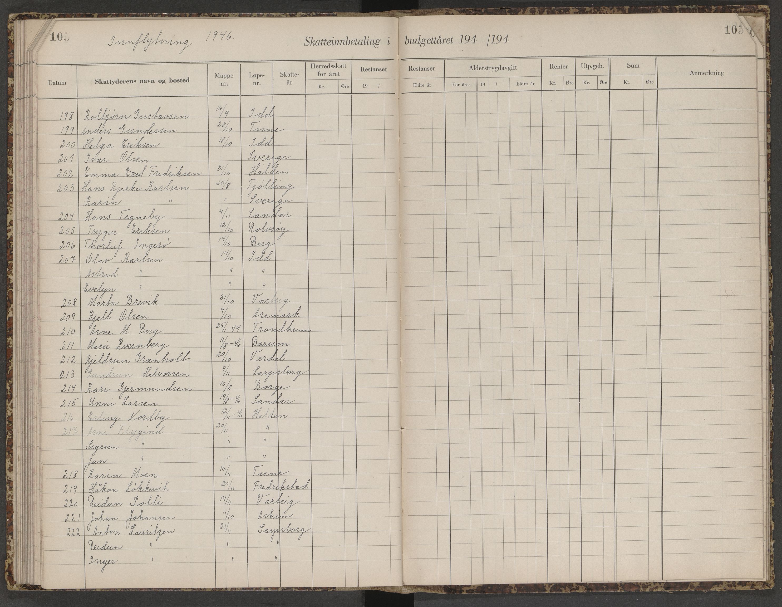 Skjeberg folkeregister, AV/SAO-A-10495/K/Ka/L0003: Fortegnelse over inn- og utflyttede, 1943-1947, p. 105