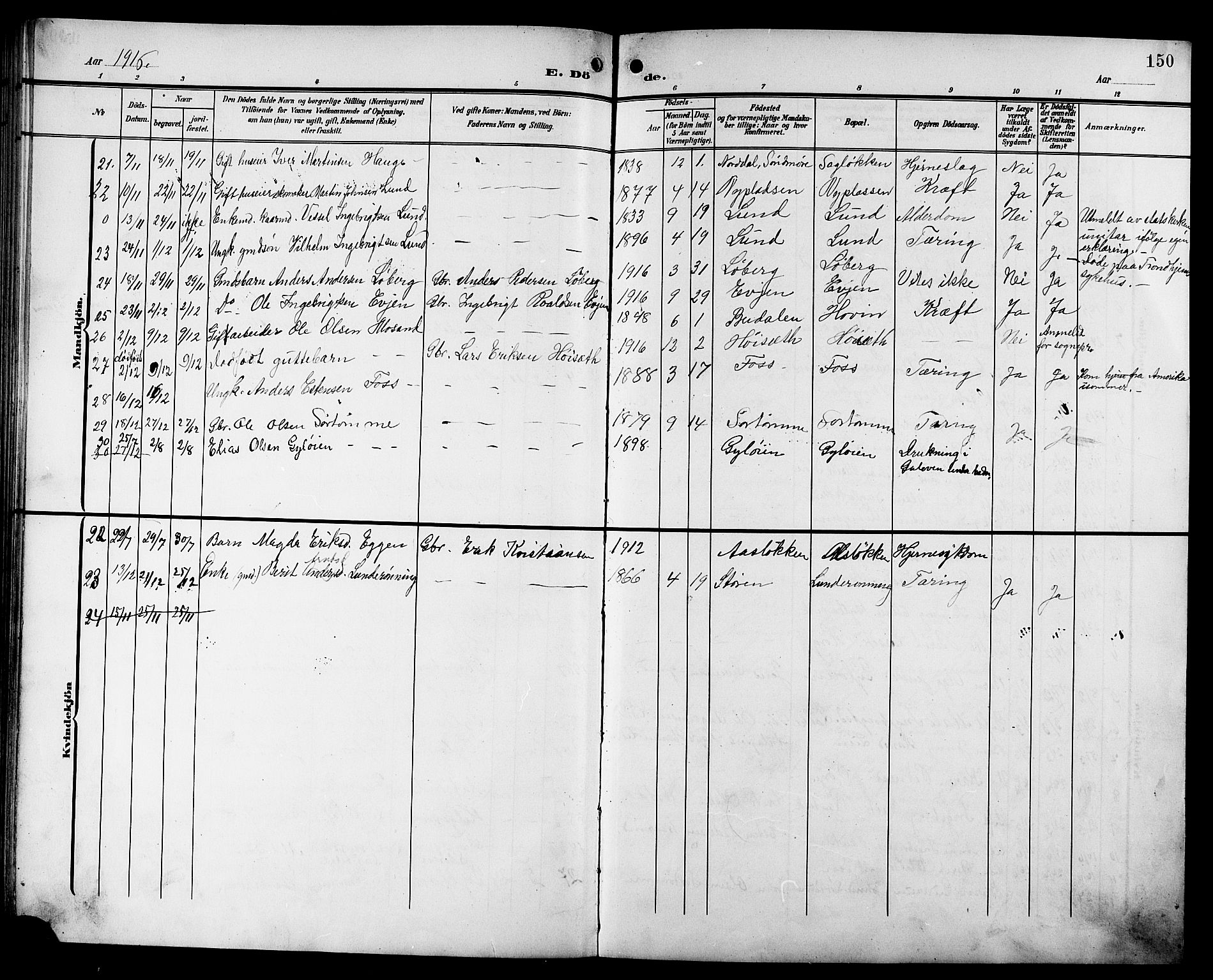 Ministerialprotokoller, klokkerbøker og fødselsregistre - Sør-Trøndelag, SAT/A-1456/692/L1112: Parish register (copy) no. 692C07, 1904-1918, p. 150