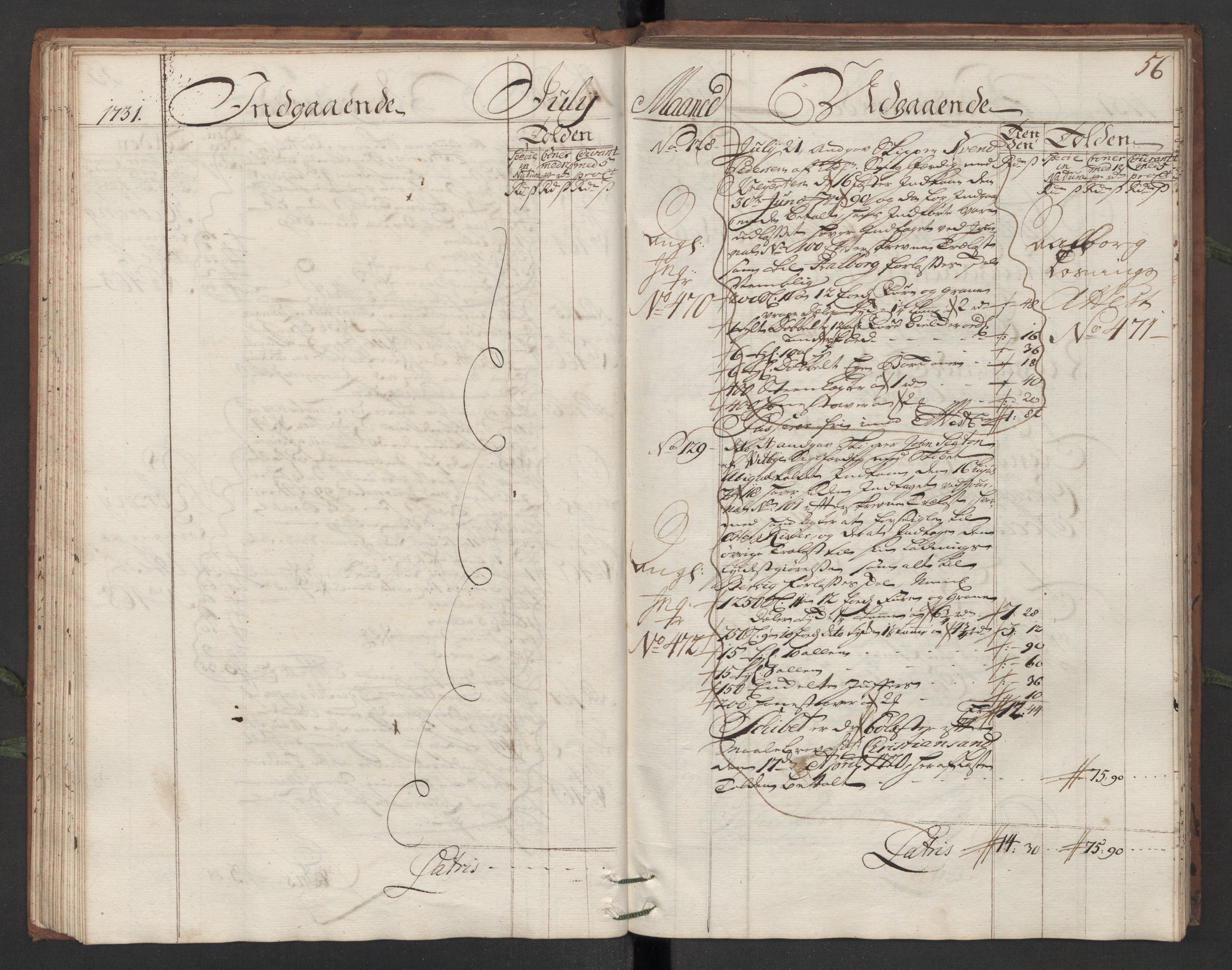 Generaltollkammeret, tollregnskaper, AV/RA-EA-5490/R13/L0006/0001: Tollregnskaper Kragerø / Hovedtollbok, 1731, p. 55b-56a
