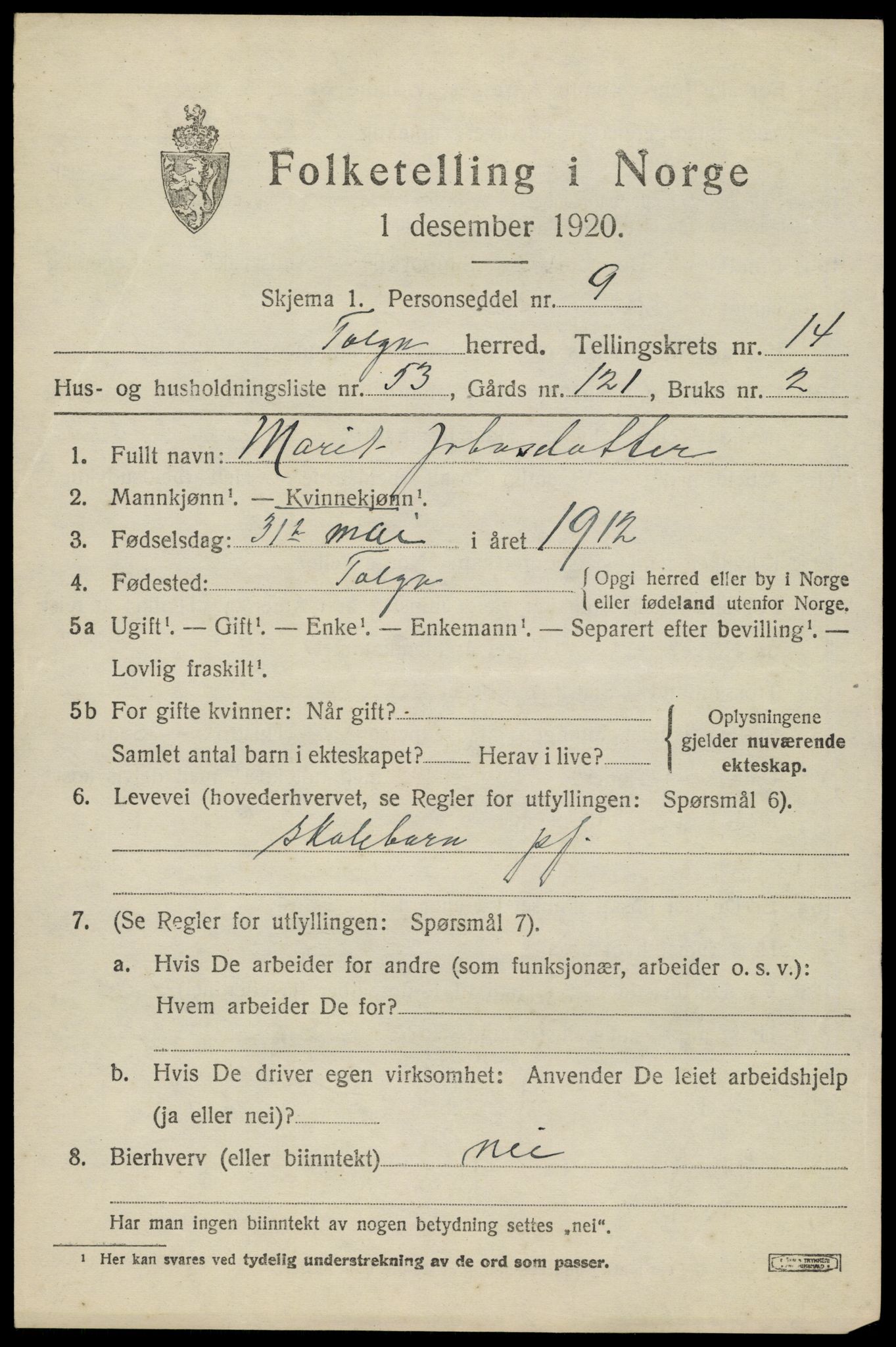 SAH, 1920 census for Tolga, 1920, p. 6869