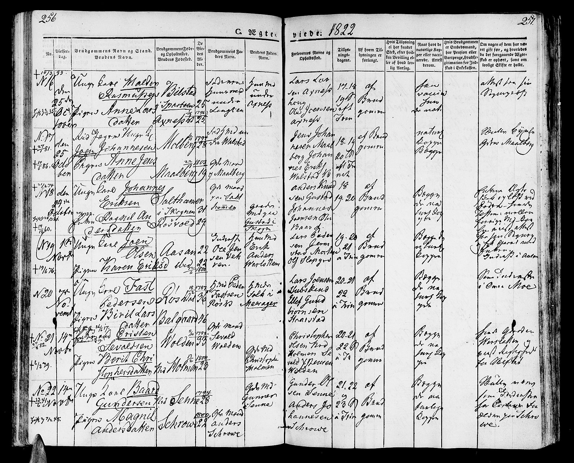 Ministerialprotokoller, klokkerbøker og fødselsregistre - Nord-Trøndelag, AV/SAT-A-1458/723/L0237: Parish register (official) no. 723A06, 1822-1830, p. 256-257