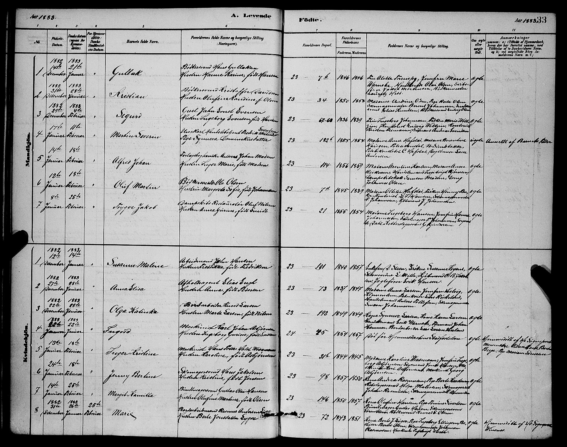 Mariakirken Sokneprestembete, SAB/A-76901/H/Hab/L0004: Parish register (copy) no. A 4, 1878-1892, p. 33