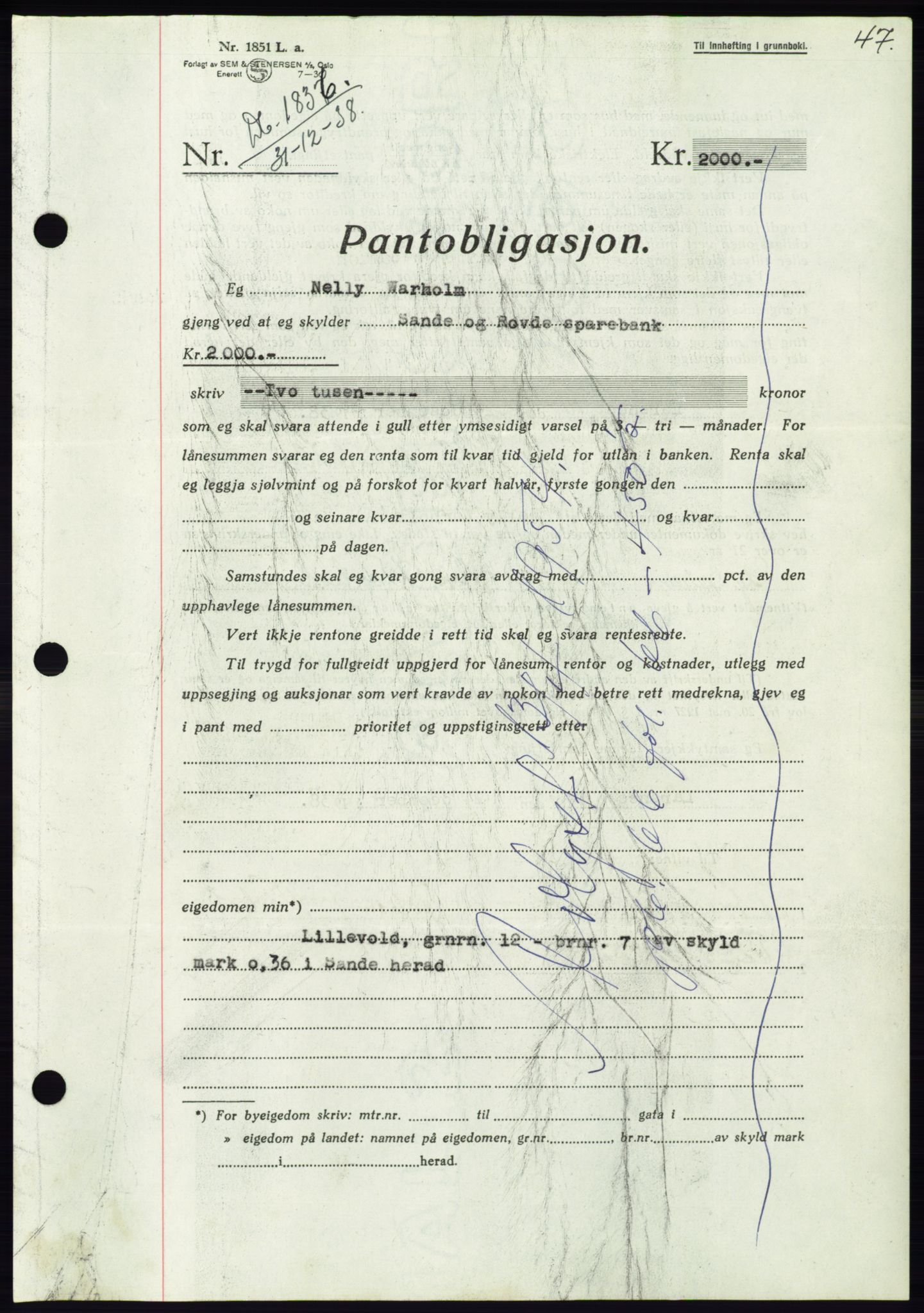 Søre Sunnmøre sorenskriveri, AV/SAT-A-4122/1/2/2C/L0067: Mortgage book no. 61, 1938-1939, Diary no: : 1836/1938