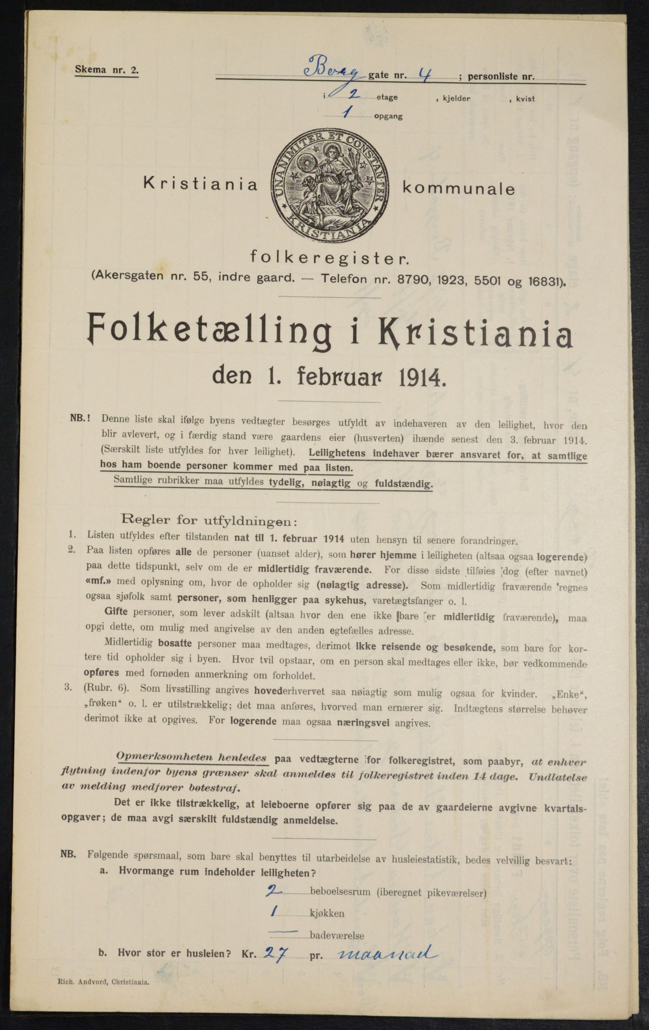 OBA, Municipal Census 1914 for Kristiania, 1914, p. 7707