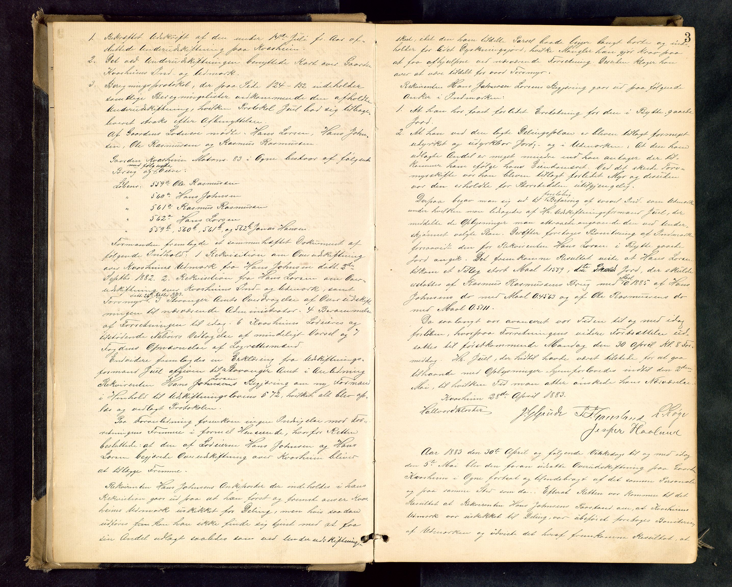 Rogaland jordskifterett, AV/SAST-A-102426/Oa/L0044: Forhandlingsprotokoll, 1883-1894, p. 3