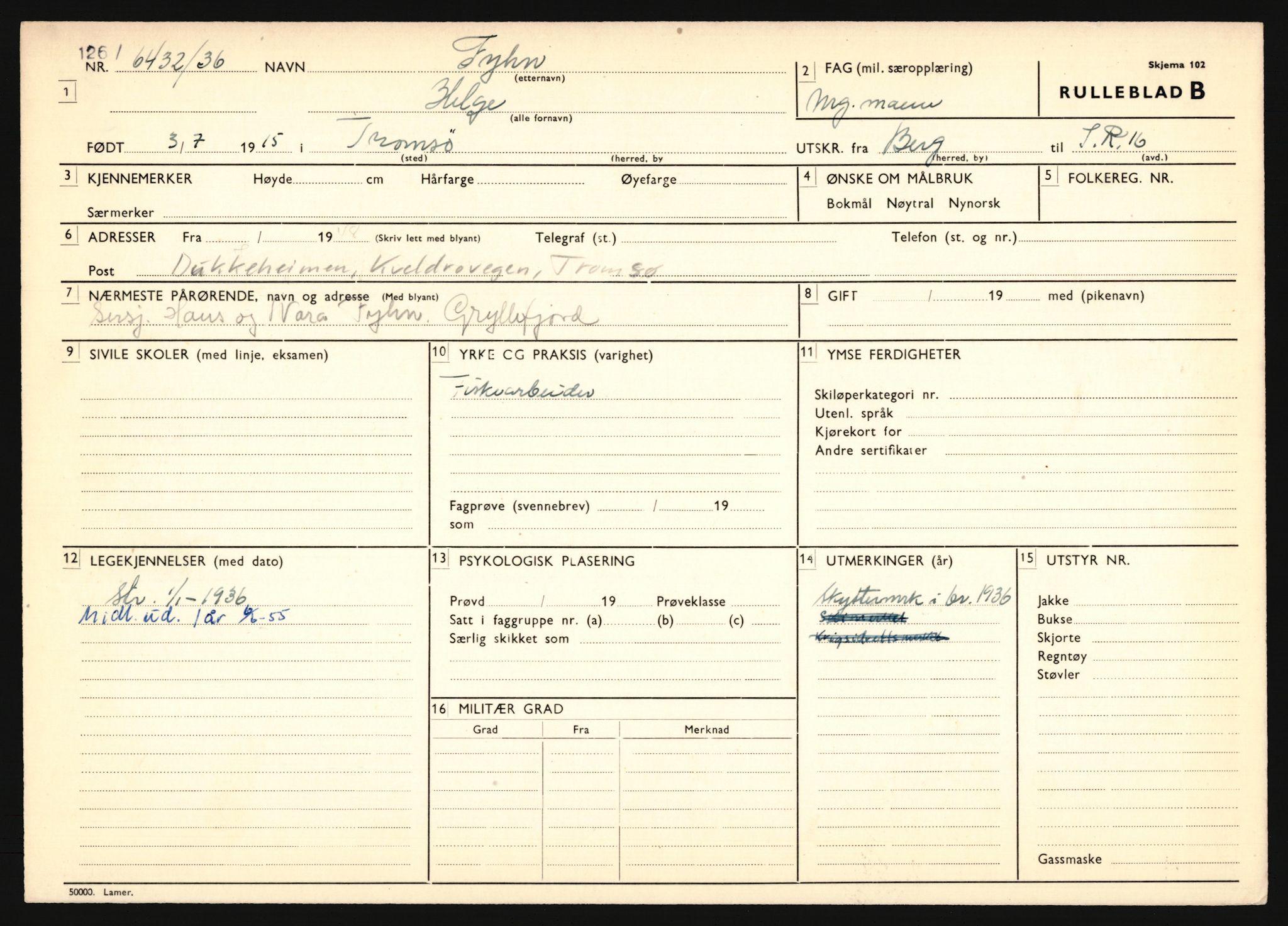 Forsvaret, Troms infanteriregiment nr. 16, AV/RA-RAFA-3146/P/Pa/L0020: Rulleblad for regimentets menige mannskaper, årsklasse 1936, 1936, p. 267