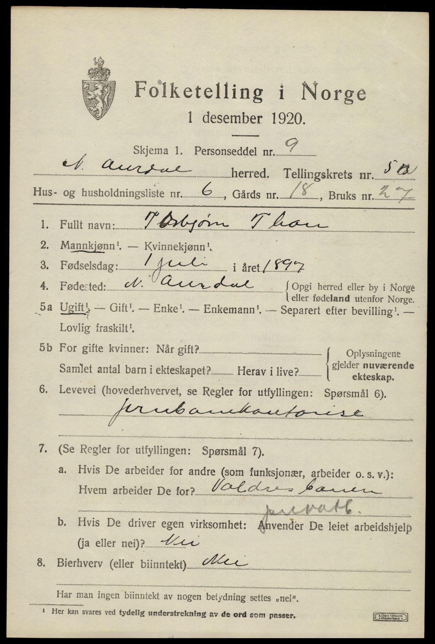 SAH, 1920 census for Nord-Aurdal, 1920, p. 4738