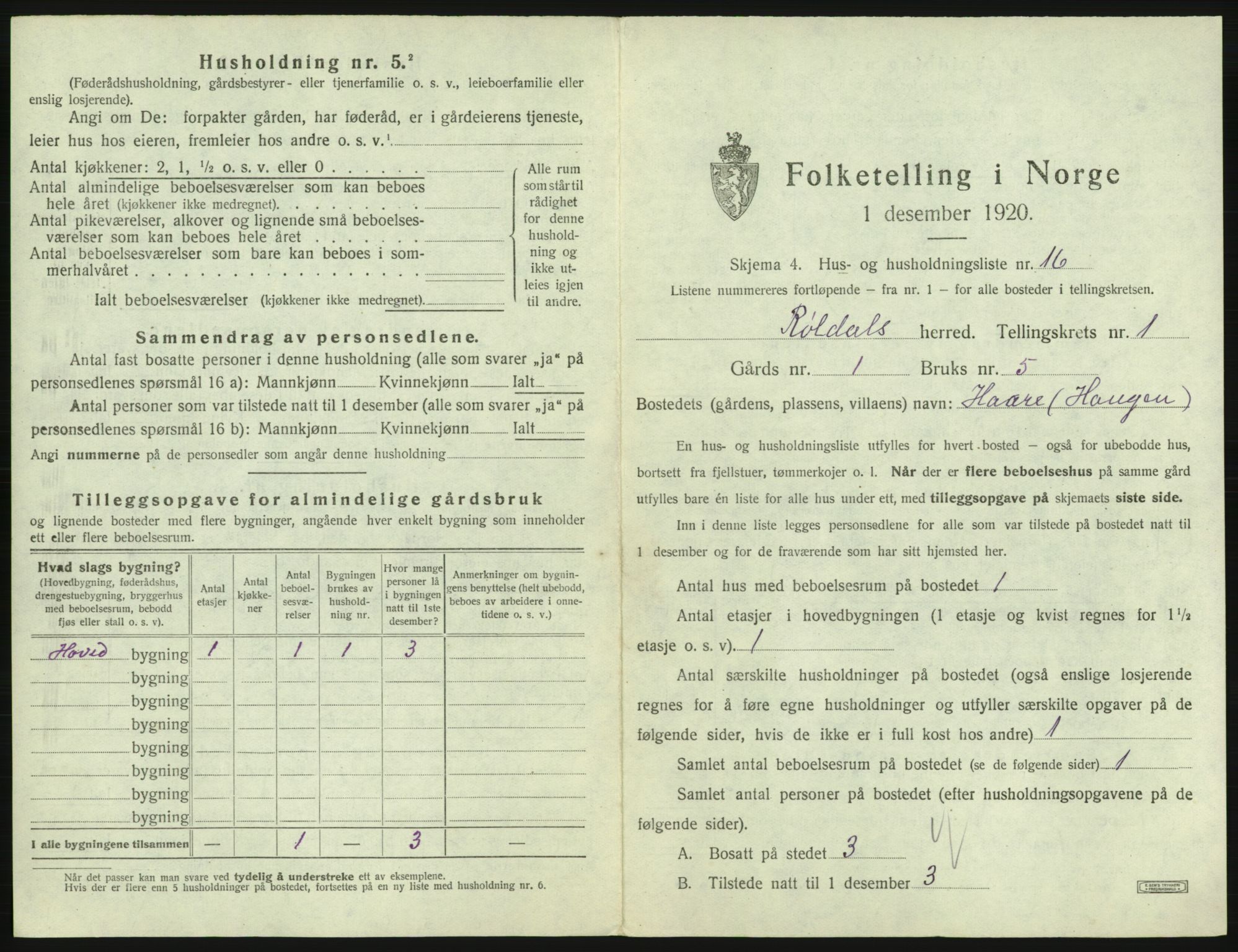SAB, 1920 census for Røldal, 1920, p. 45
