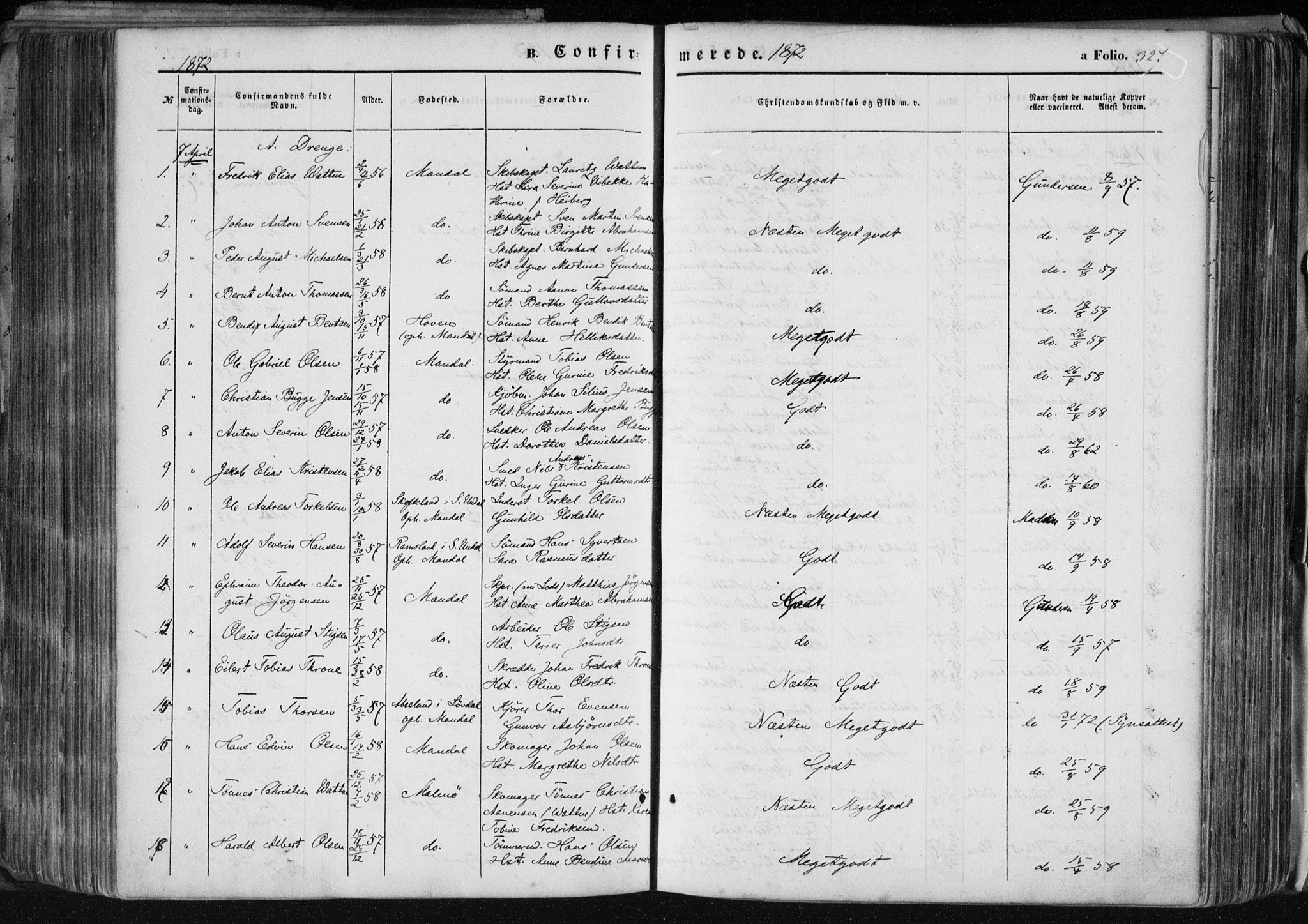 Mandal sokneprestkontor, SAK/1111-0030/F/Fa/Faa/L0014: Parish register (official) no. A 14, 1859-1872, p. 327
