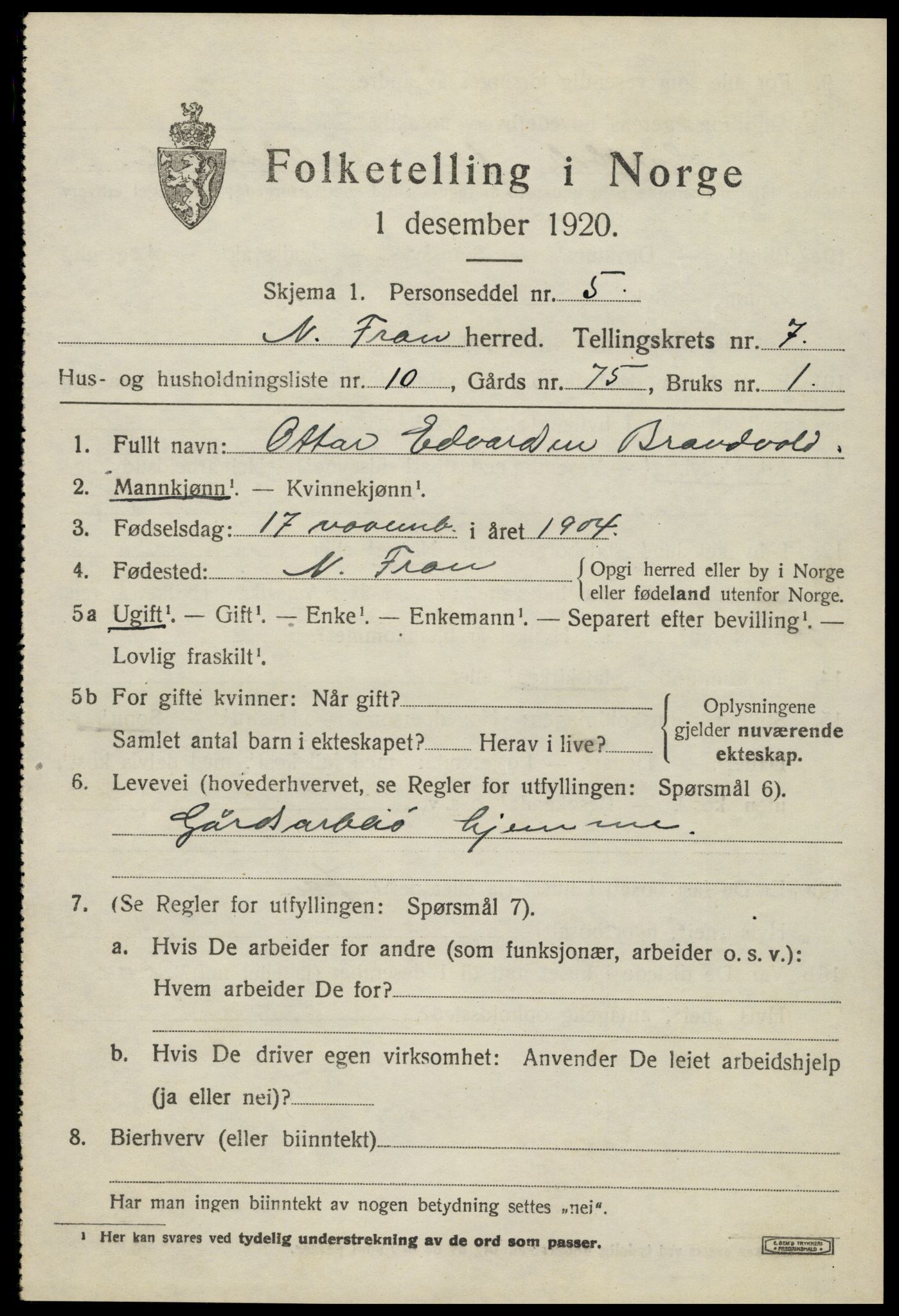 SAH, 1920 census for Nord-Fron, 1920, p. 6072