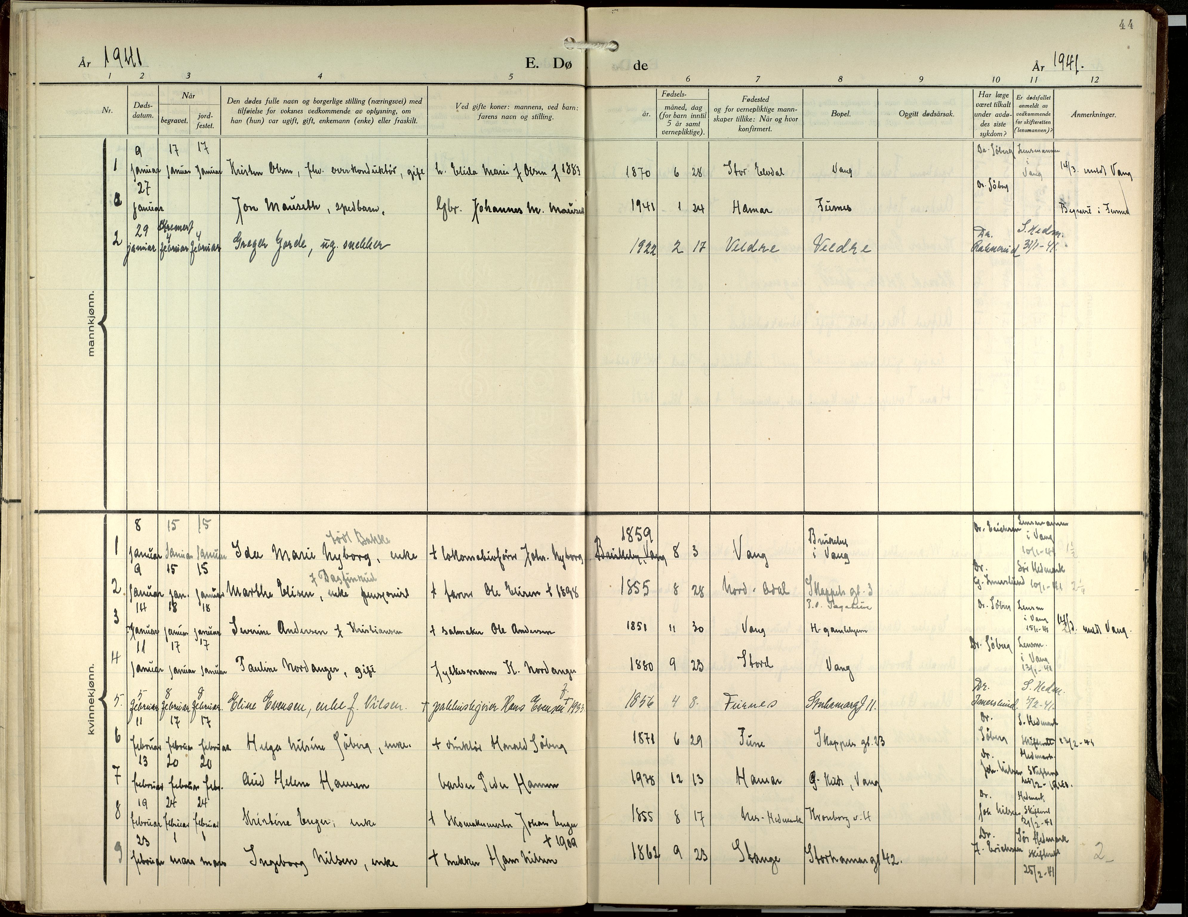 Hamar prestekontor, SAH/DOMPH-002/H/Ha/Haa/L0007: Parish register (official) no. 7, 1933-1953, p. 44