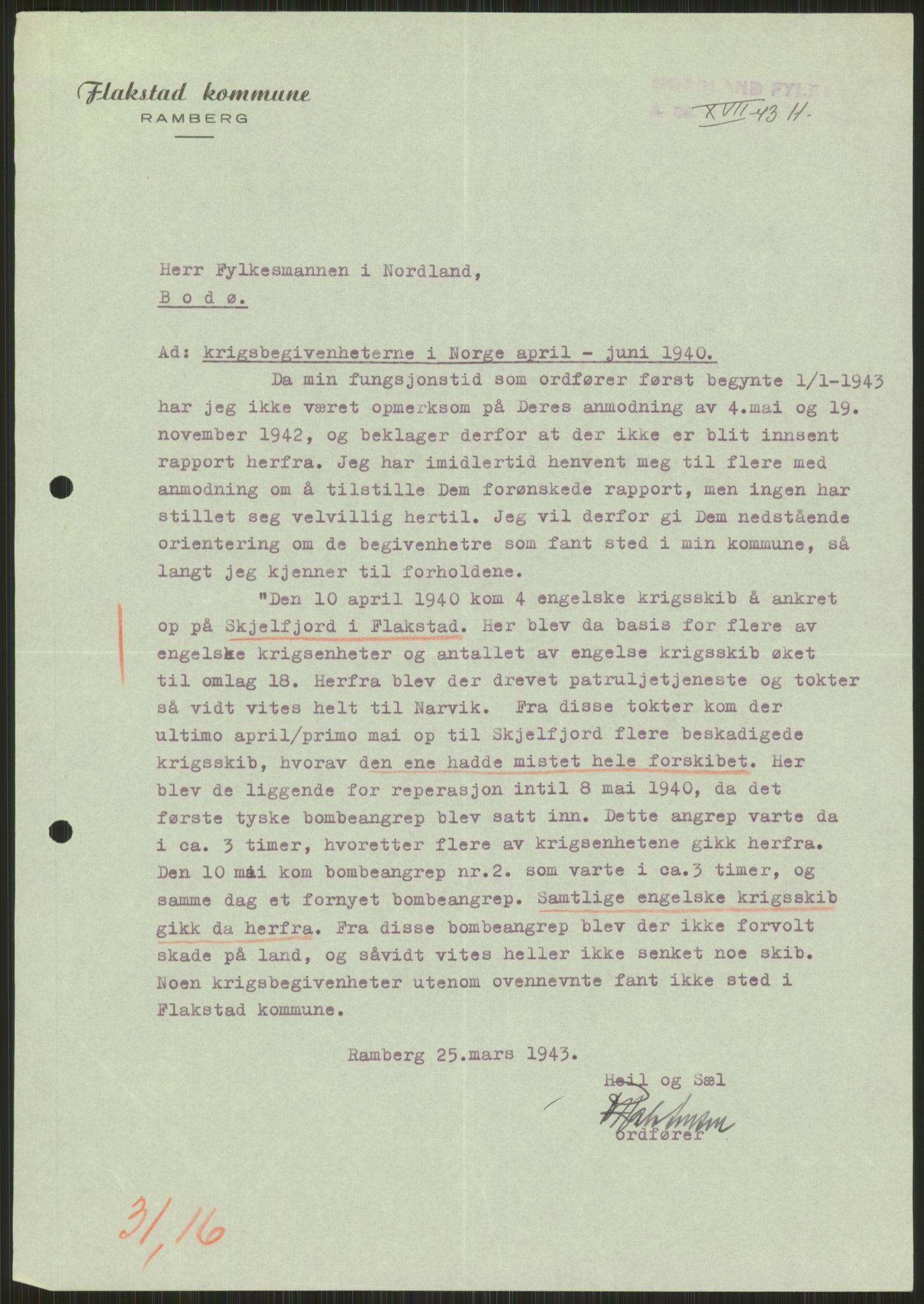 Forsvaret, Forsvarets krigshistoriske avdeling, AV/RA-RAFA-2017/Y/Ya/L0017: II-C-11-31 - Fylkesmenn.  Rapporter om krigsbegivenhetene 1940., 1940, p. 143