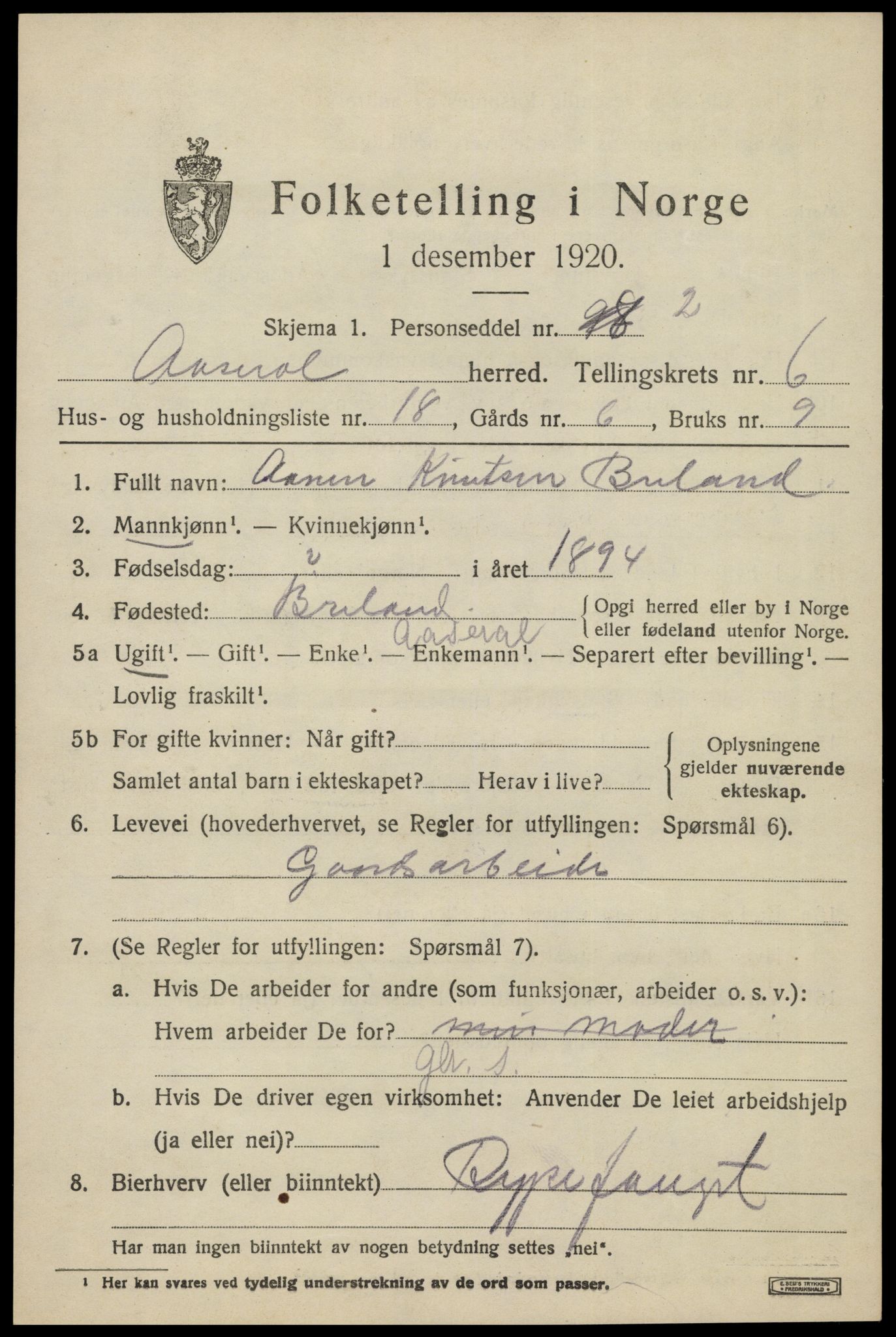 SAK, 1920 census for Åseral, 1920, p. 1992