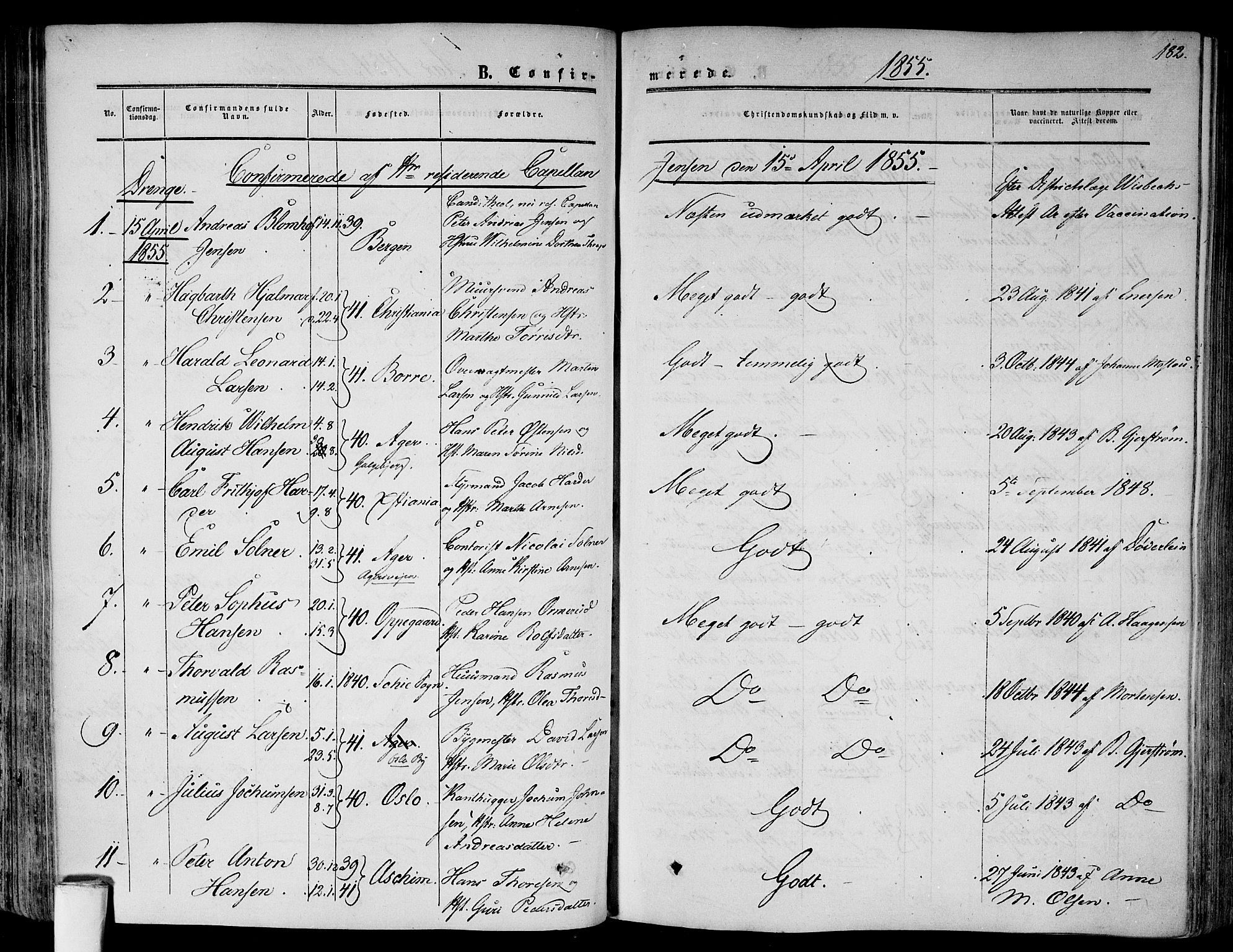 Gamlebyen prestekontor Kirkebøker, AV/SAO-A-10884/F/Fa/L0004: Parish register (official) no. 4, 1850-1857, p. 182