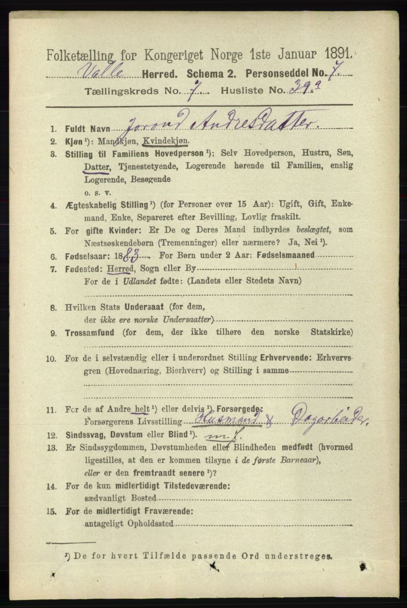 RA, 1891 census for 0940 Valle, 1891, p. 2209