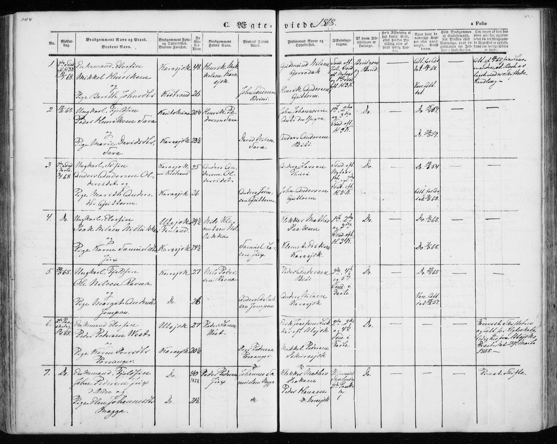 Kistrand/Porsanger sokneprestembete, AV/SATØ-S-1351/H/Ha/L0012.kirke: Parish register (official) no. 12, 1843-1871, p. 348-349