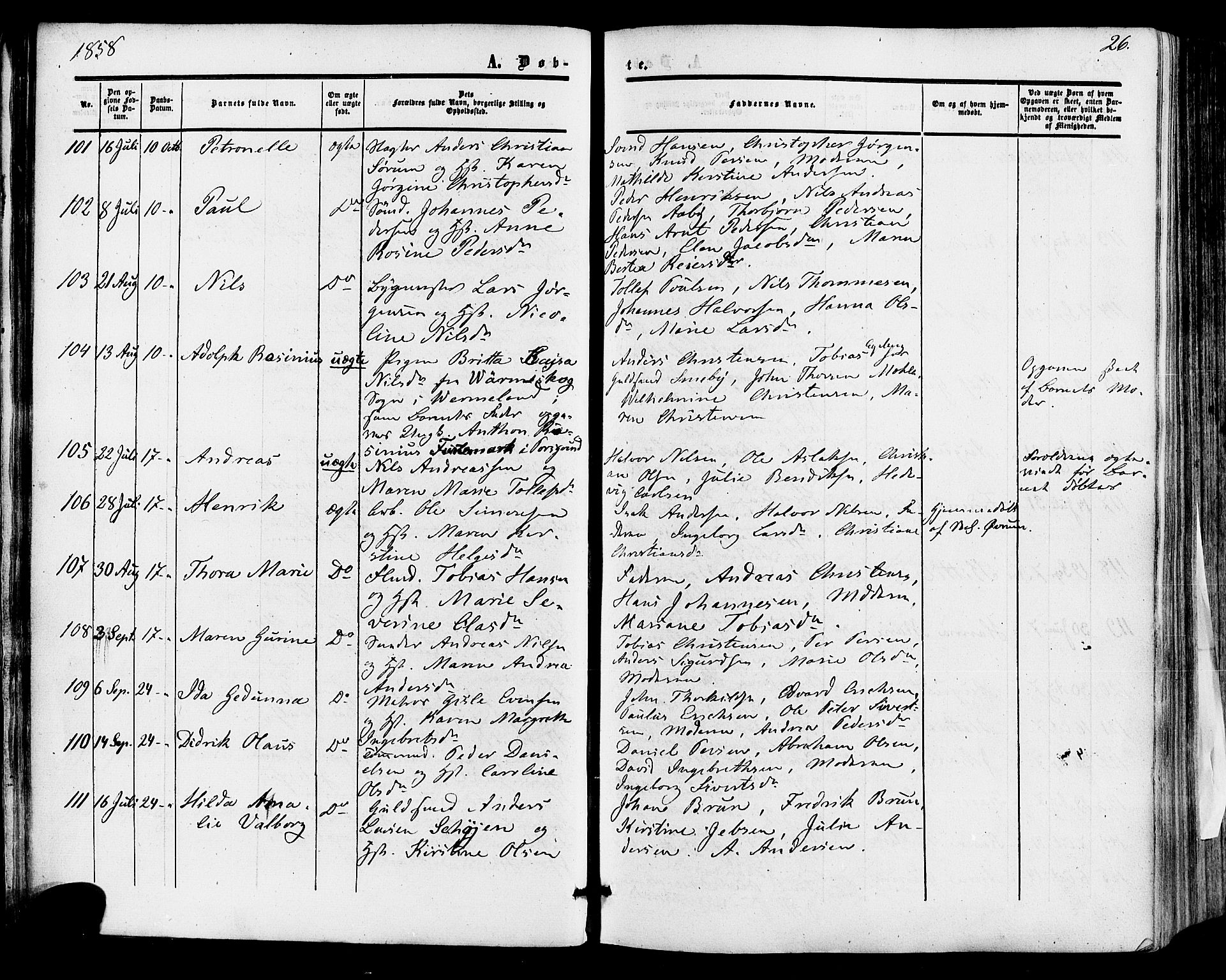 Skien kirkebøker, AV/SAKO-A-302/F/Fa/L0007: Parish register (official) no. 7, 1856-1865, p. 26