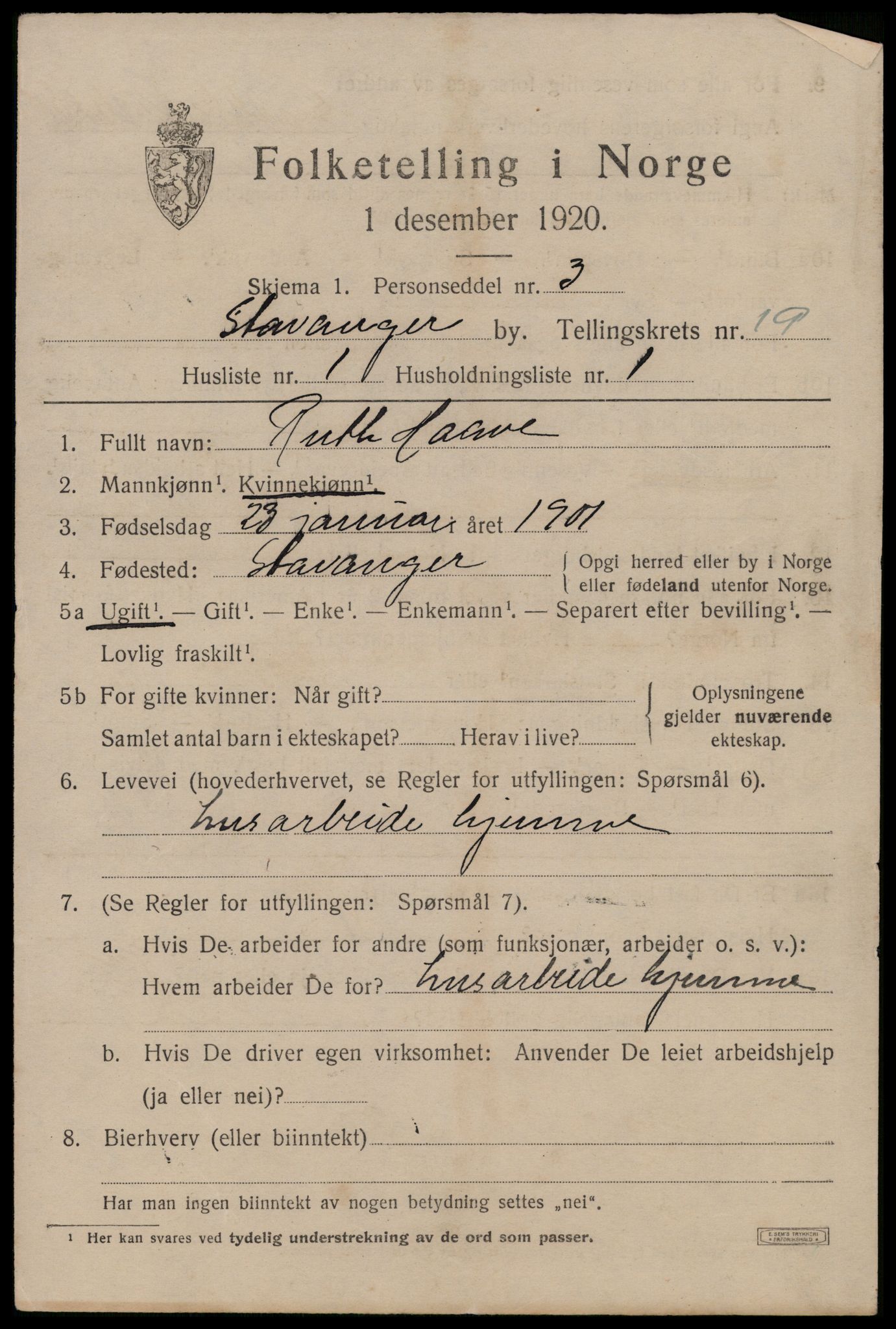 SAST, 1920 census for Stavanger, 1920, p. 68162