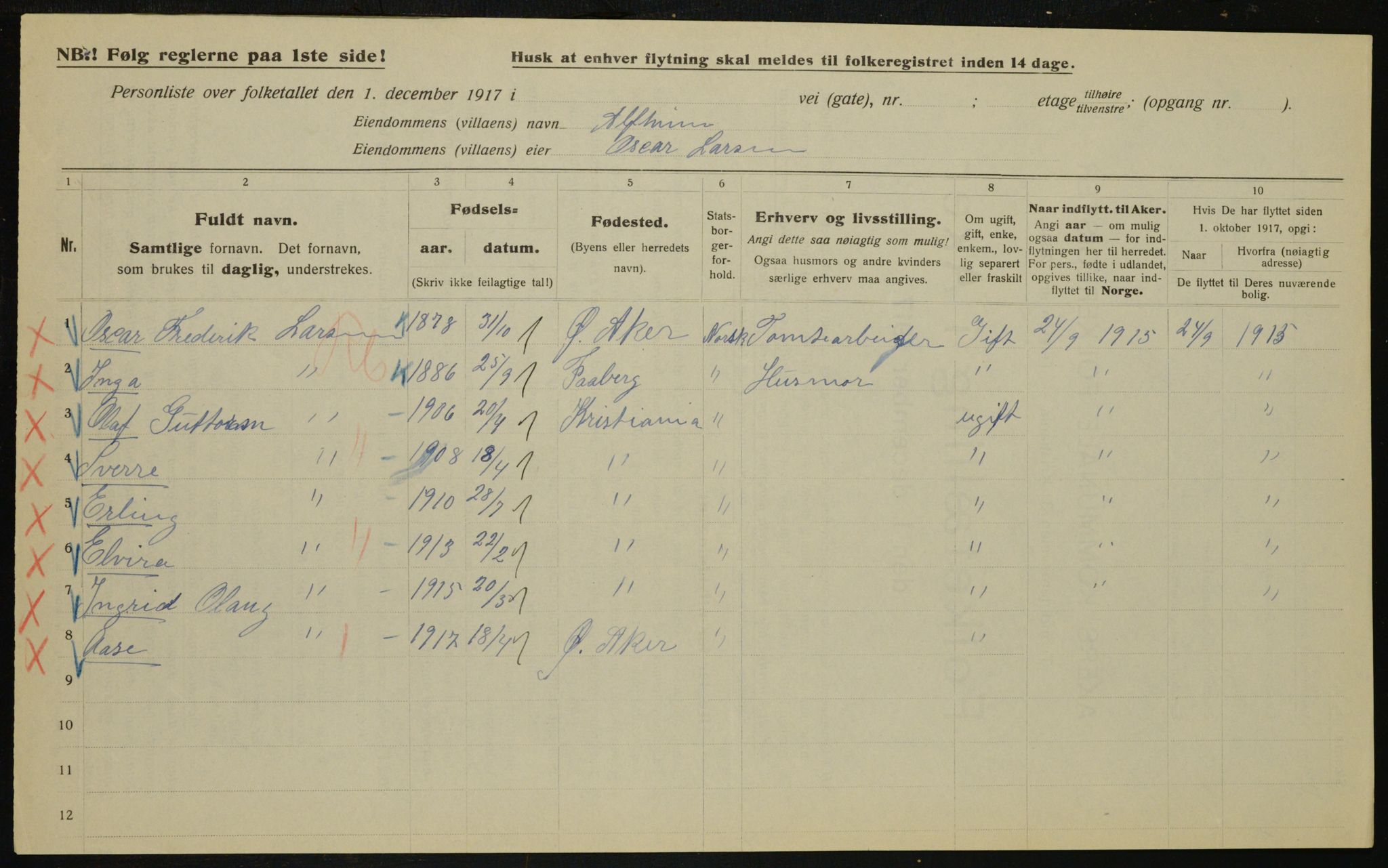 OBA, Municipal Census 1917 for Aker, 1917, p. 27274