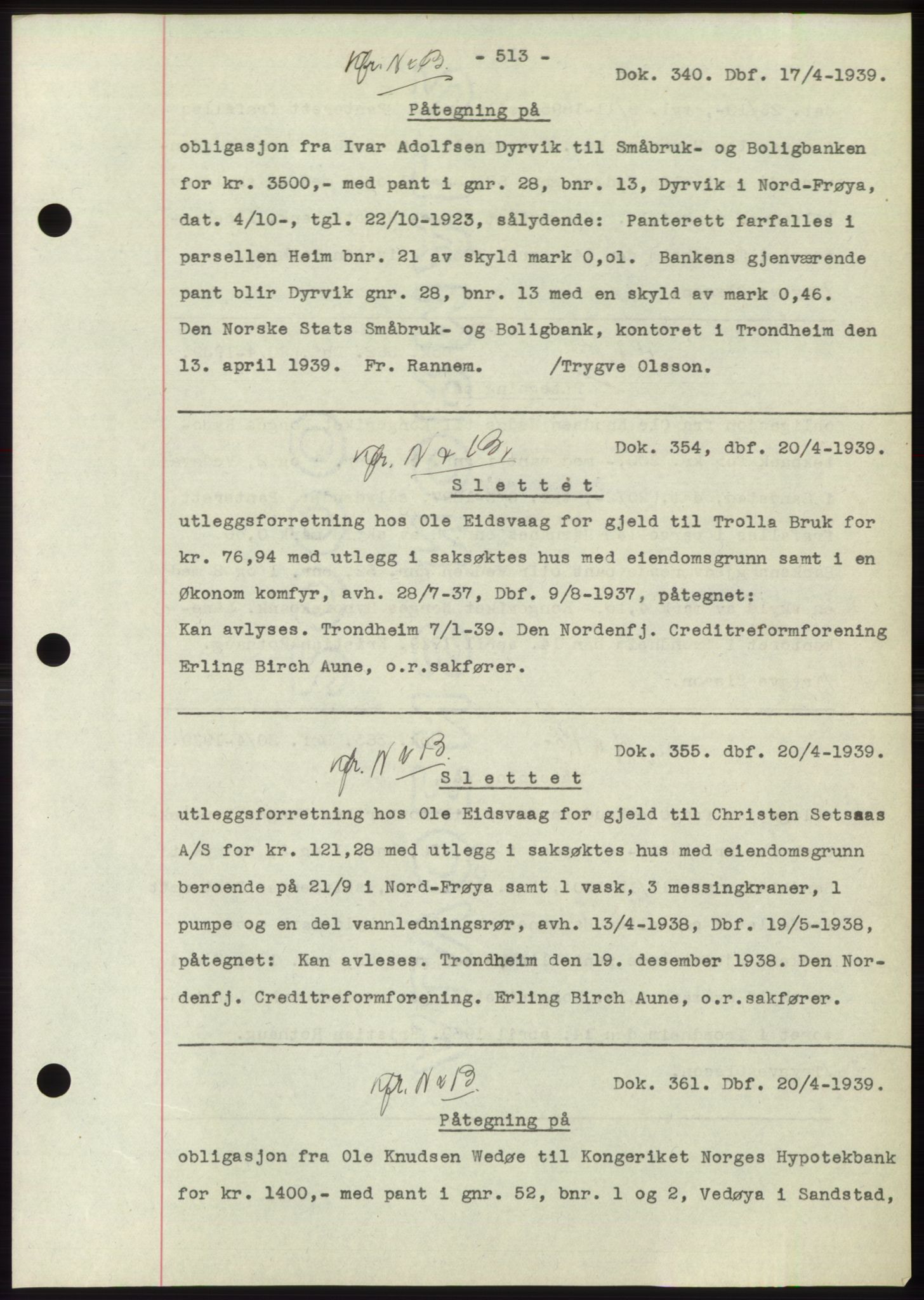 Hitra sorenskriveri, AV/SAT-A-0018/2/2C/2Ca: Mortgage book no. C1, 1936-1945, Diary no: : 340/1939