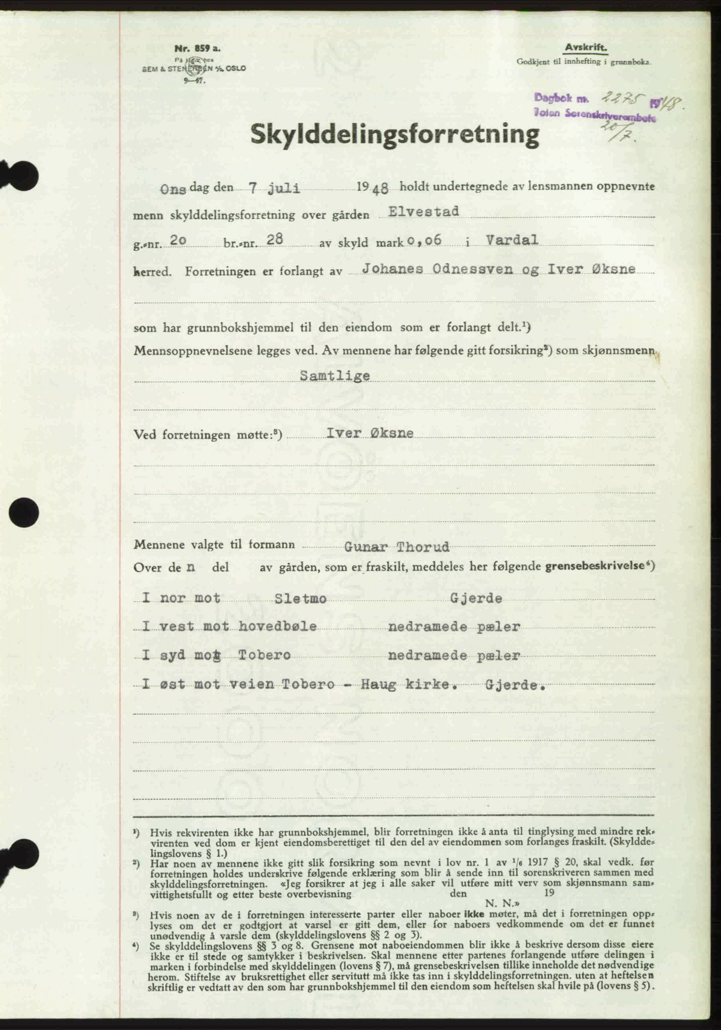 Toten tingrett, SAH/TING-006/H/Hb/Hbc/L0020: Mortgage book no. Hbc-20, 1948-1948, Diary no: : 2275/1948