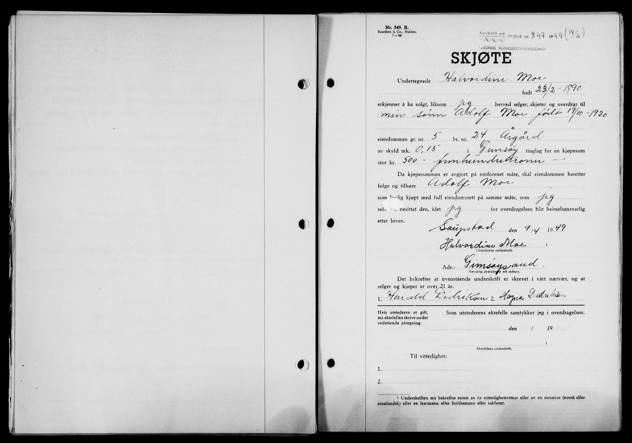 Lofoten sorenskriveri, SAT/A-0017/1/2/2C/L0020a: Mortgage book no. 20a, 1948-1949, Diary no: : 847/1949