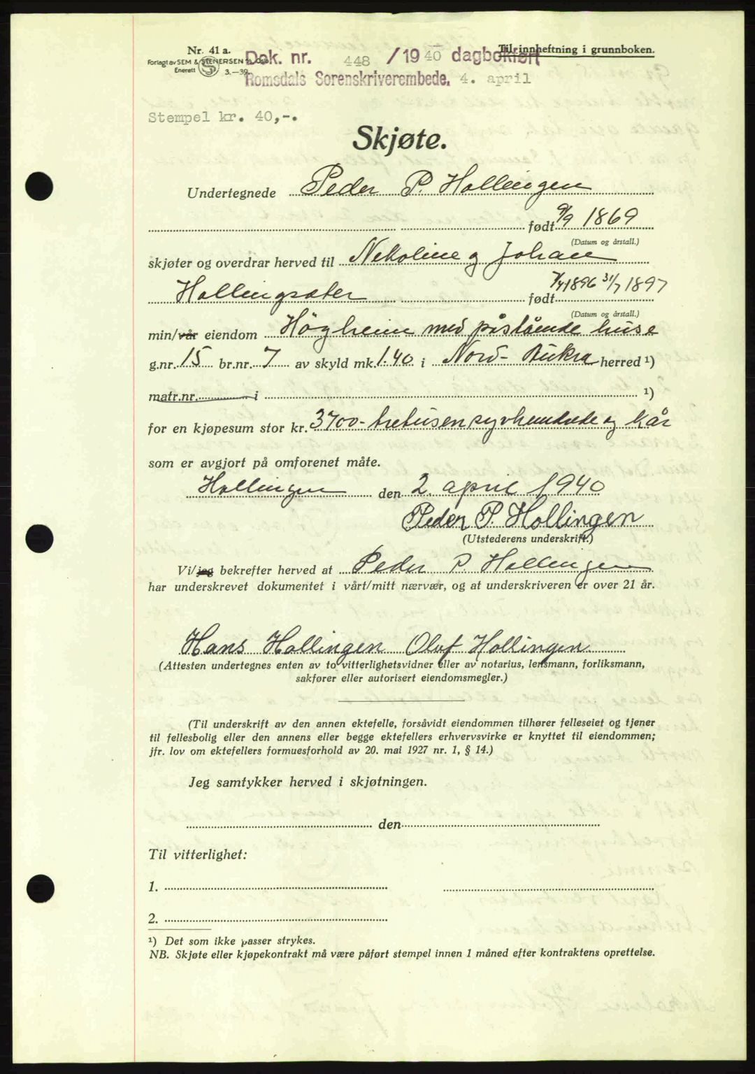 Romsdal sorenskriveri, AV/SAT-A-4149/1/2/2C: Mortgage book no. A8, 1939-1940, Diary no: : 448/1940