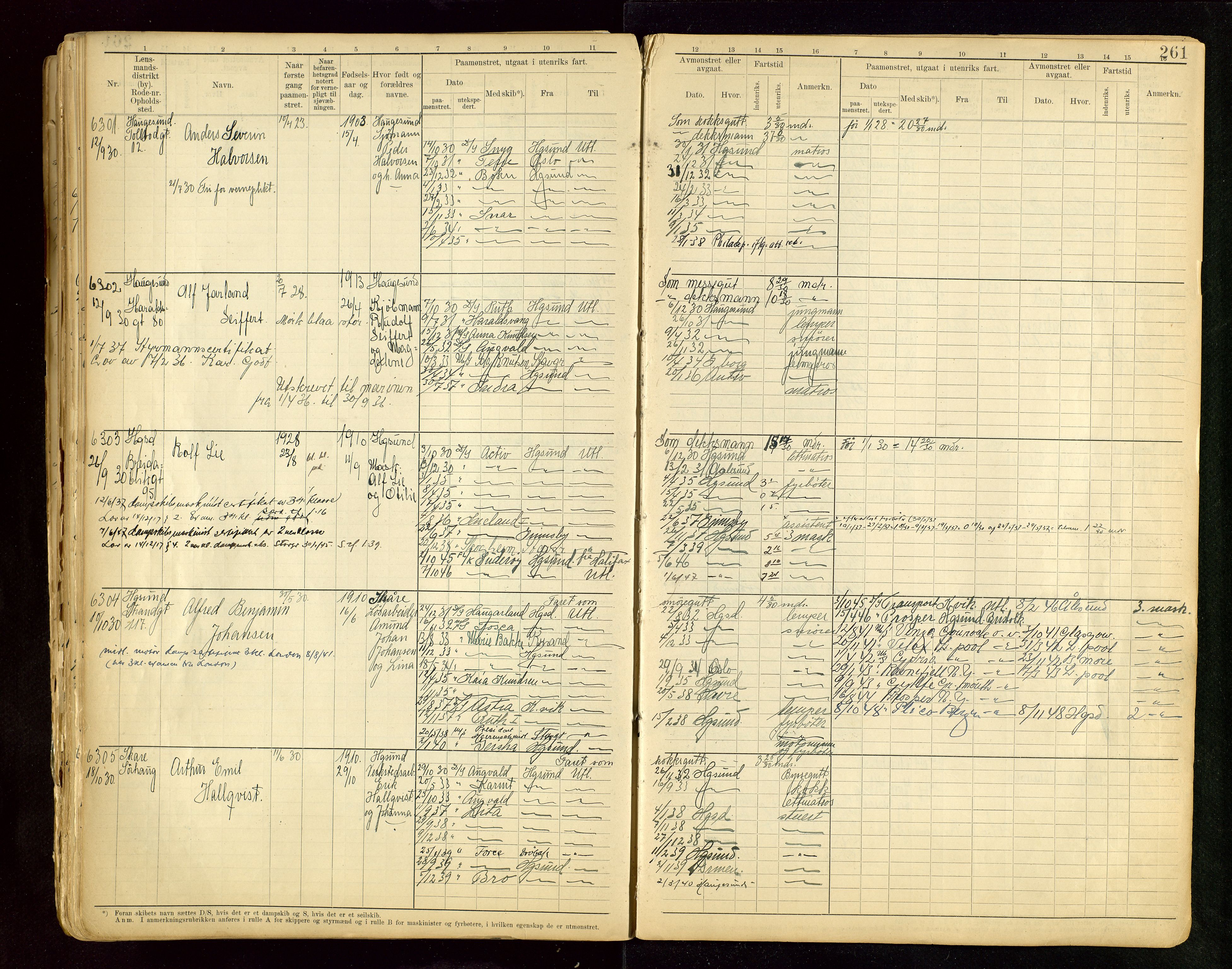 Haugesund sjømannskontor, SAST/A-102007/F/Fb/Fbb/L0015: Sjøfartsrulle A Haugesund krets I nr 5001-8970, 1912-1948, p. 261