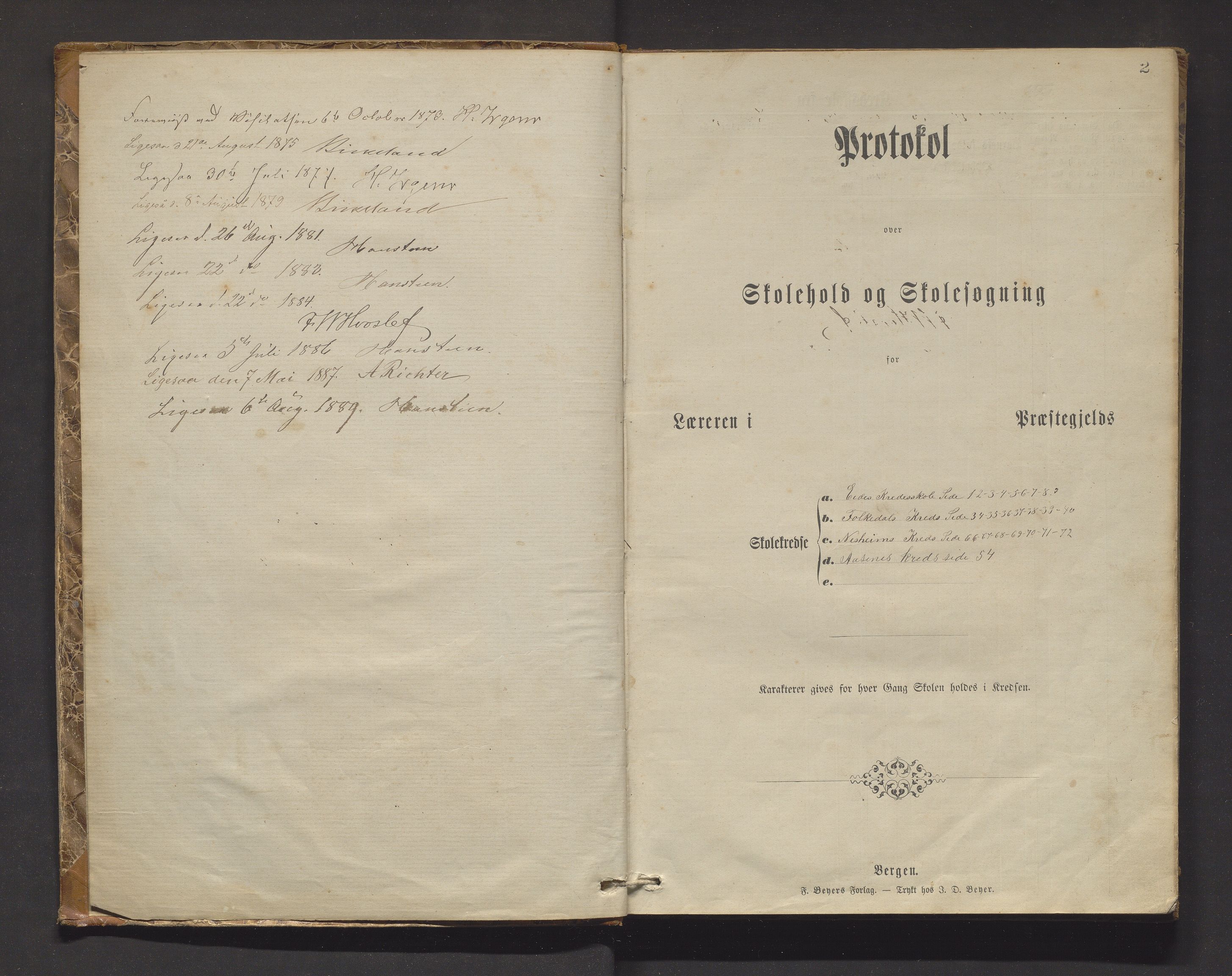 Granvin herad. Barneskulane, IKAH/1234-231/F/Fa/L0007a: Skuleprotokoll for Eide, Folkedal, Nesheim, Åsane og Jørdre krinsar i Gravens skulekommune, 1873-1898